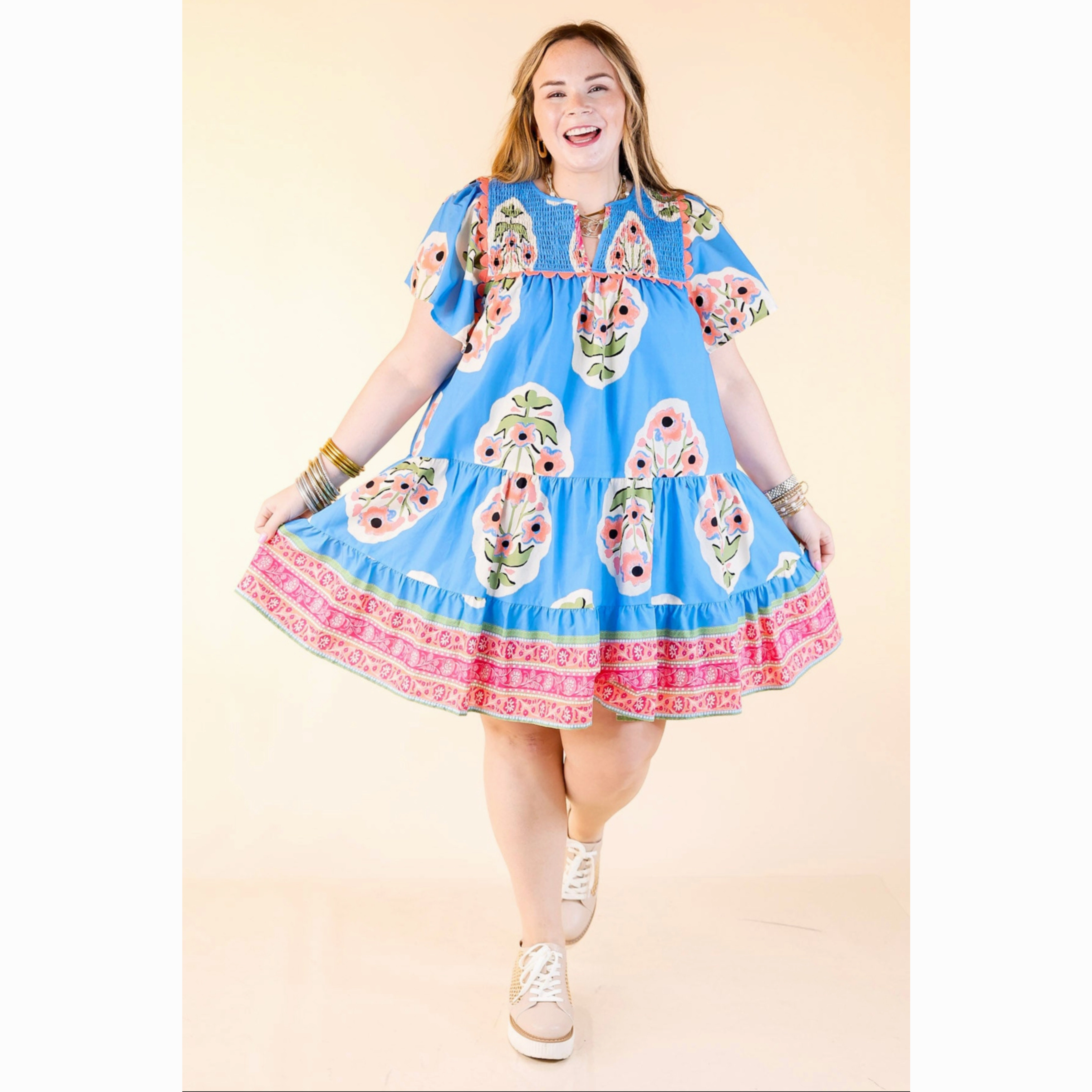 Color Pop Timeless Edge Floral Crush Dress with Pink Rickrack Trim and Partial Smocked Bodice in Blue