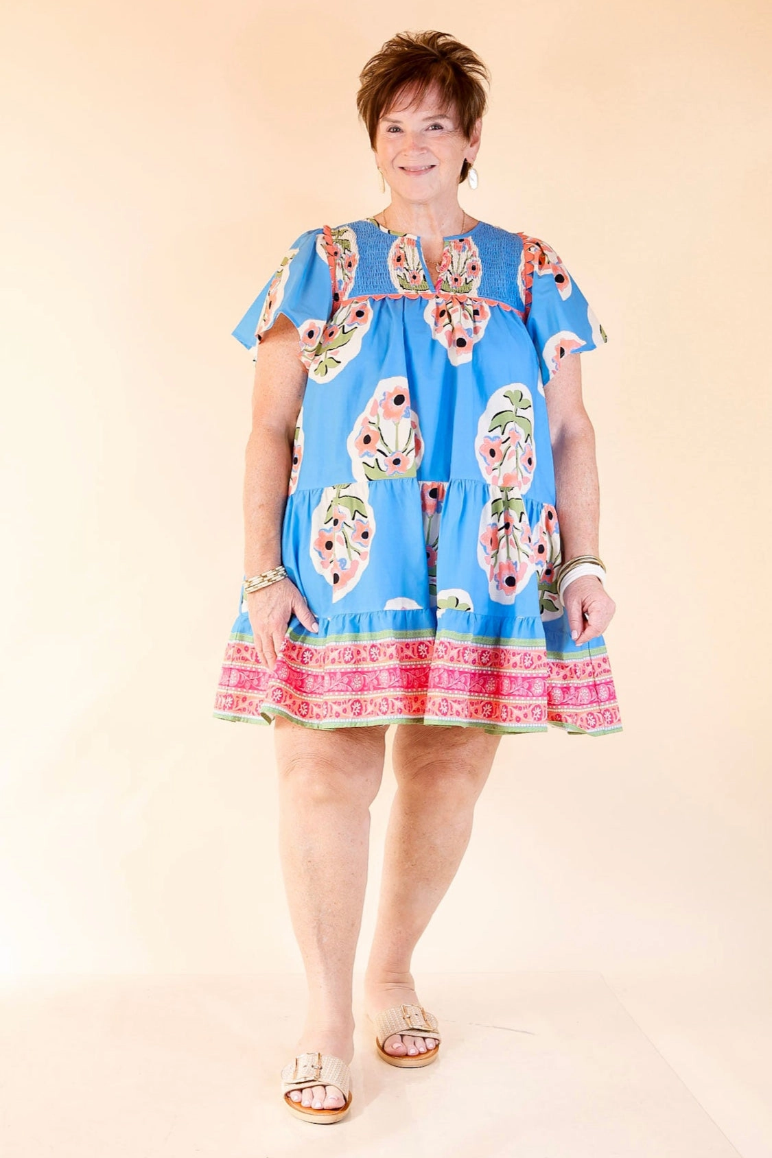 Light Rhythm ConvertibleNeckline Floral Crush Dress with Pink Rickrack Trim and Partial Smocked Bodice in Blue