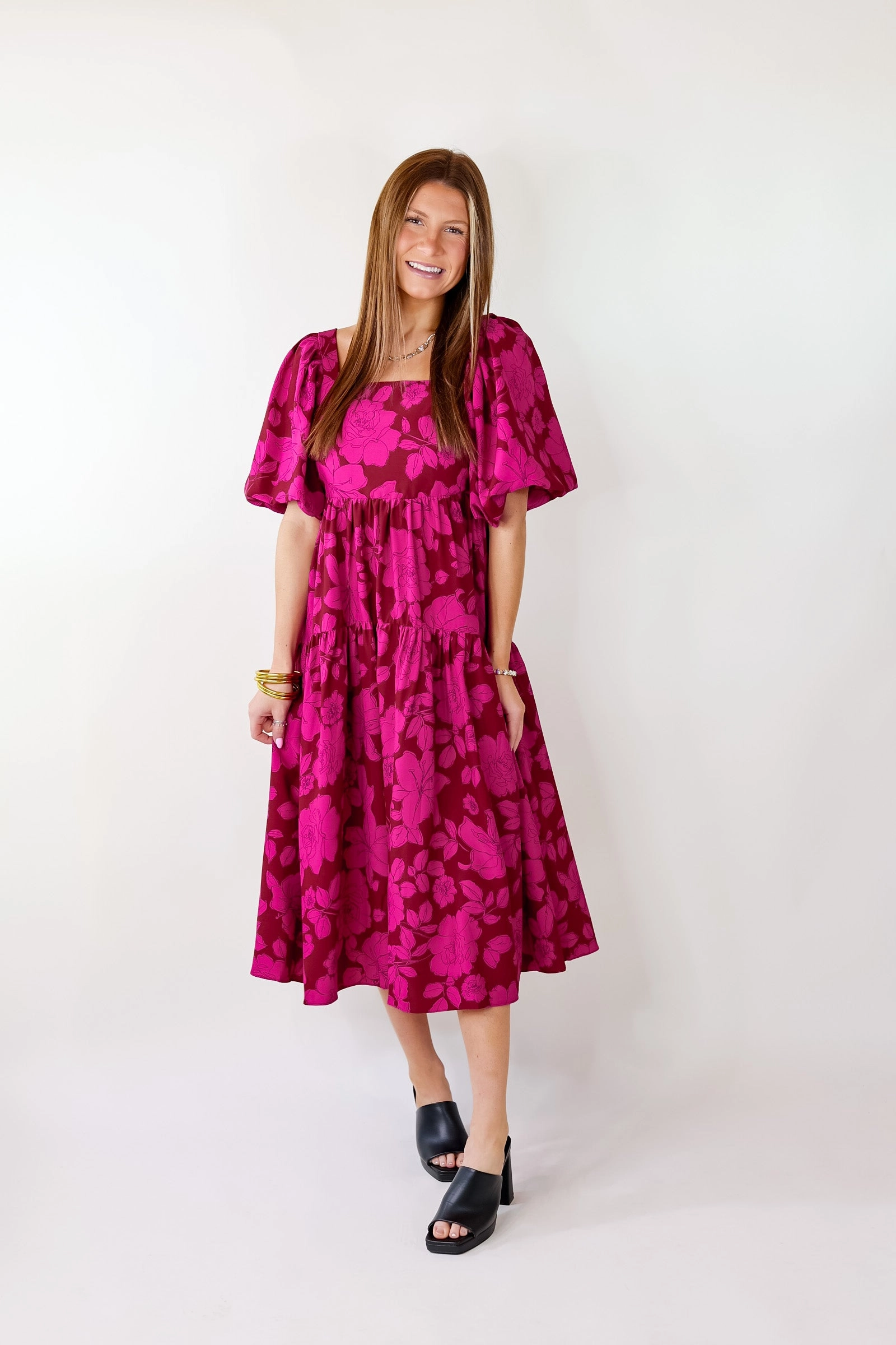 Floral Fascination Tiered Midi Dress In Brick Red and Pink Eco-Friendly Material Soft Knit