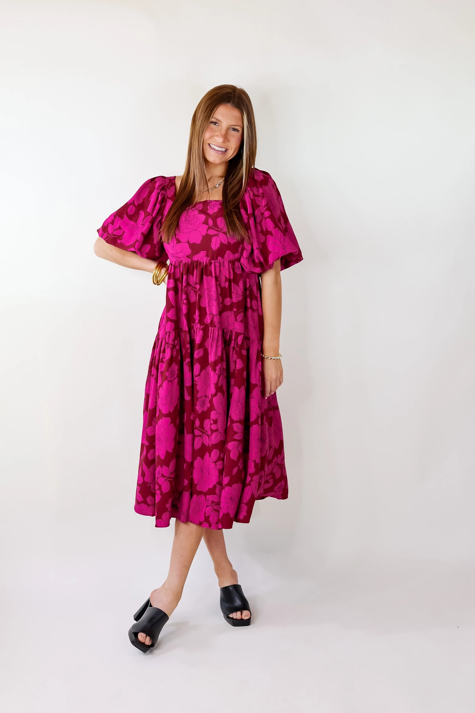 Versatile Clothing OdorResistant Floral Fascination Tiered Midi Dress In Brick Red and Pink
