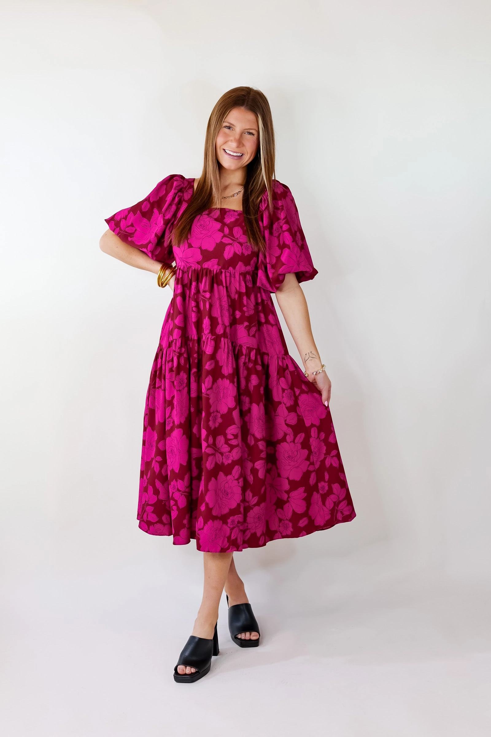 DoubleLayered Fabric Euro Mood Floral Fascination Tiered Midi Dress In Brick Red and Pink