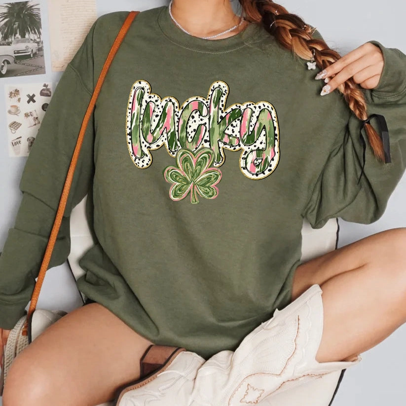 Online Exclusive | Lucky Watercolor and Dalmatian Background Graphic Sweatshirt in Military Green Effortless Style