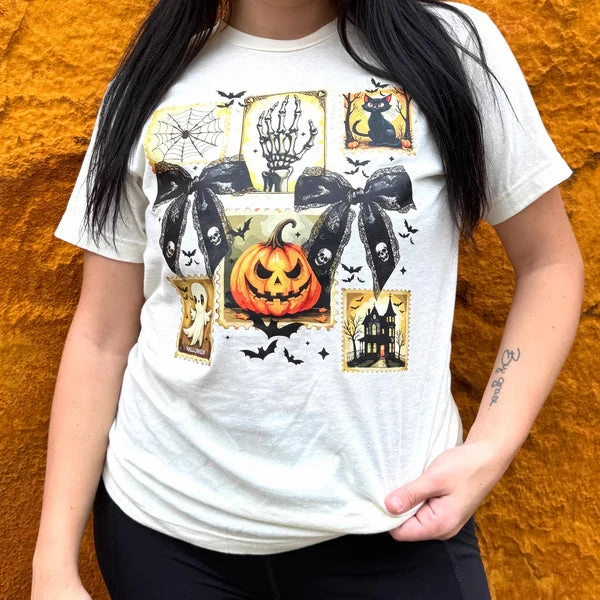 Casual All-Day Online Exclusive | Halloween Stamps Short Sleeve Graphic Tee in Natural Cream