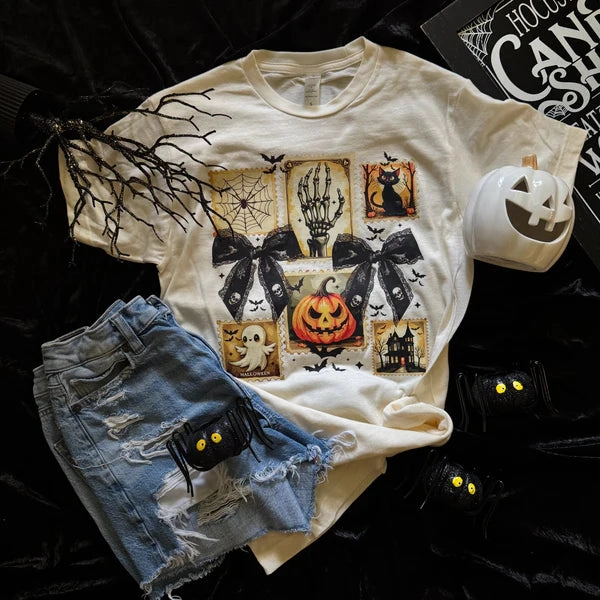 Timeless Style Online Exclusive | Halloween Stamps Short Sleeve Graphic Tee in Natural Cream
