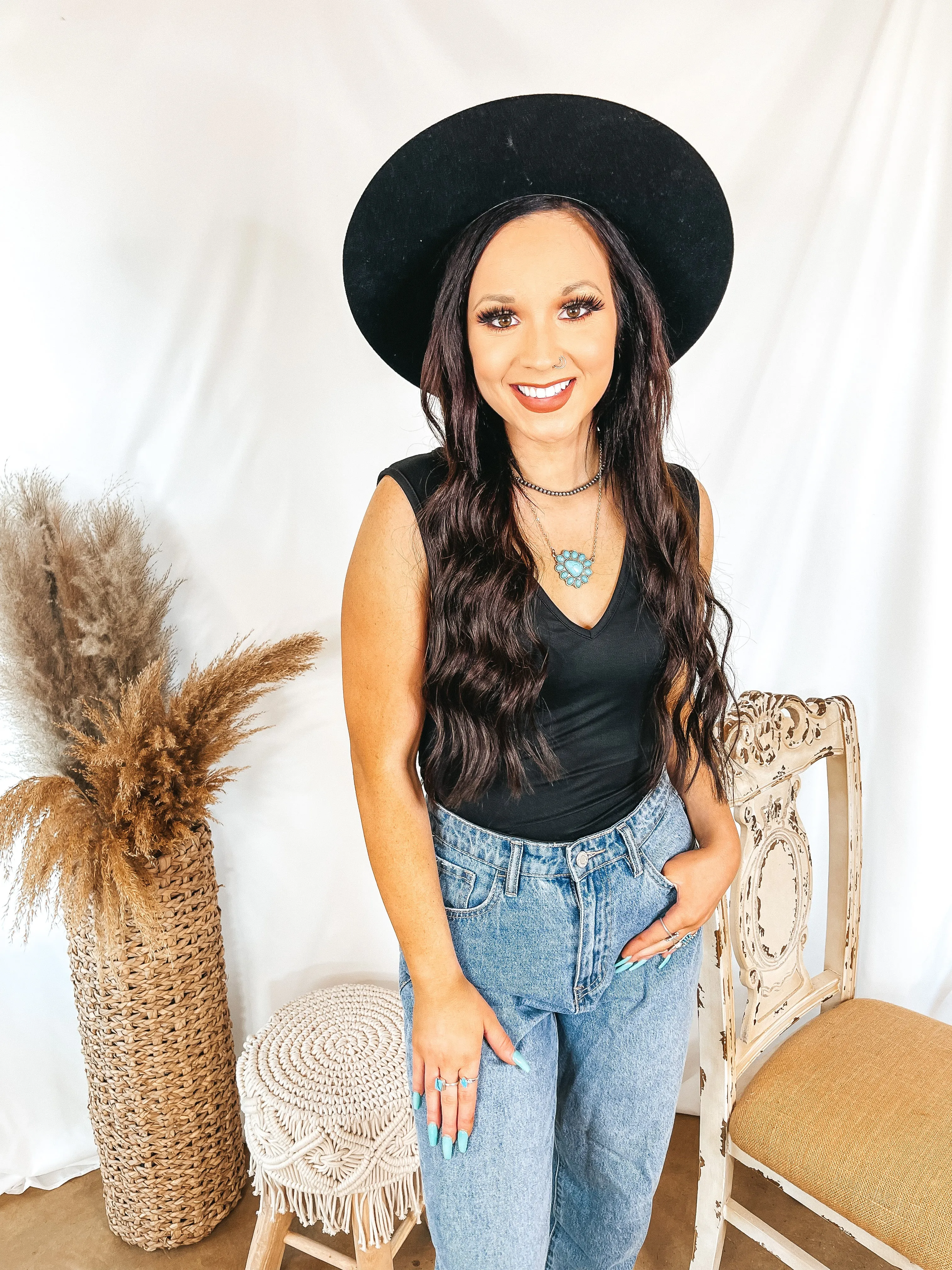 Wicking Inner Lining Basic Long Sleeve Perfect Night V Neck Tank Bodysuit in Black