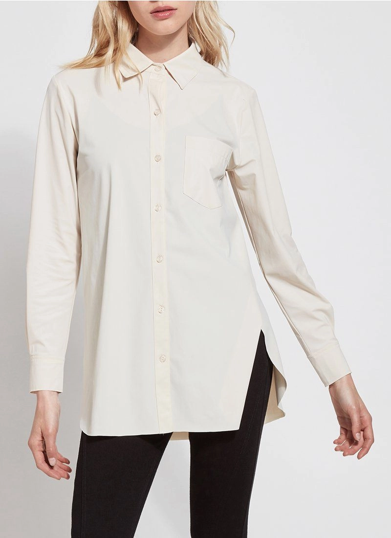 Grid Texture Fabric High Collar Protection Design Online Exclusive | Lysse Schiffer Button Down Dress Shirt in Oyster (Ivory)