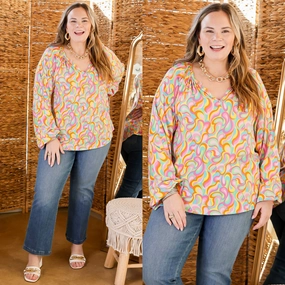 handmade touch Stretch Fit Technology Follow Your Happiness Notched V Neck Psychedelic Top with Long Sleeves in Pink Mix