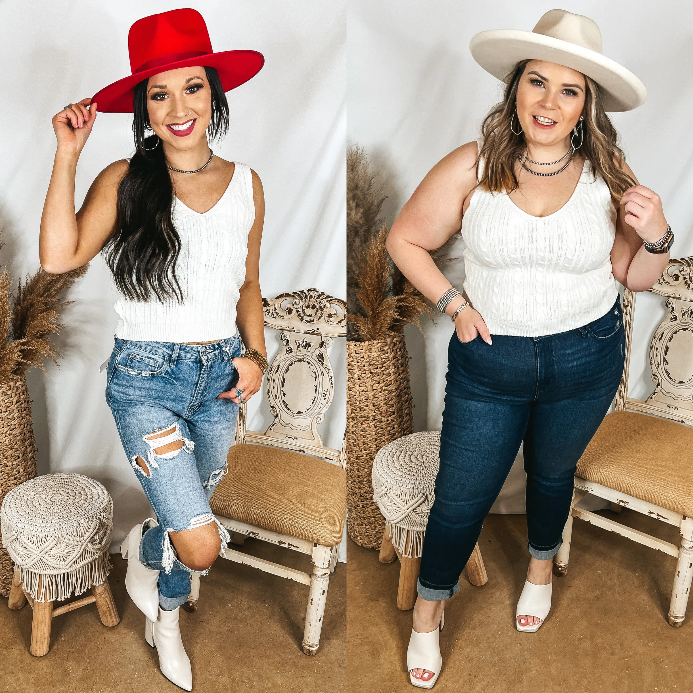 Forever Famous Cropped Sweater Tank Top in Ivory Colorfast Technology