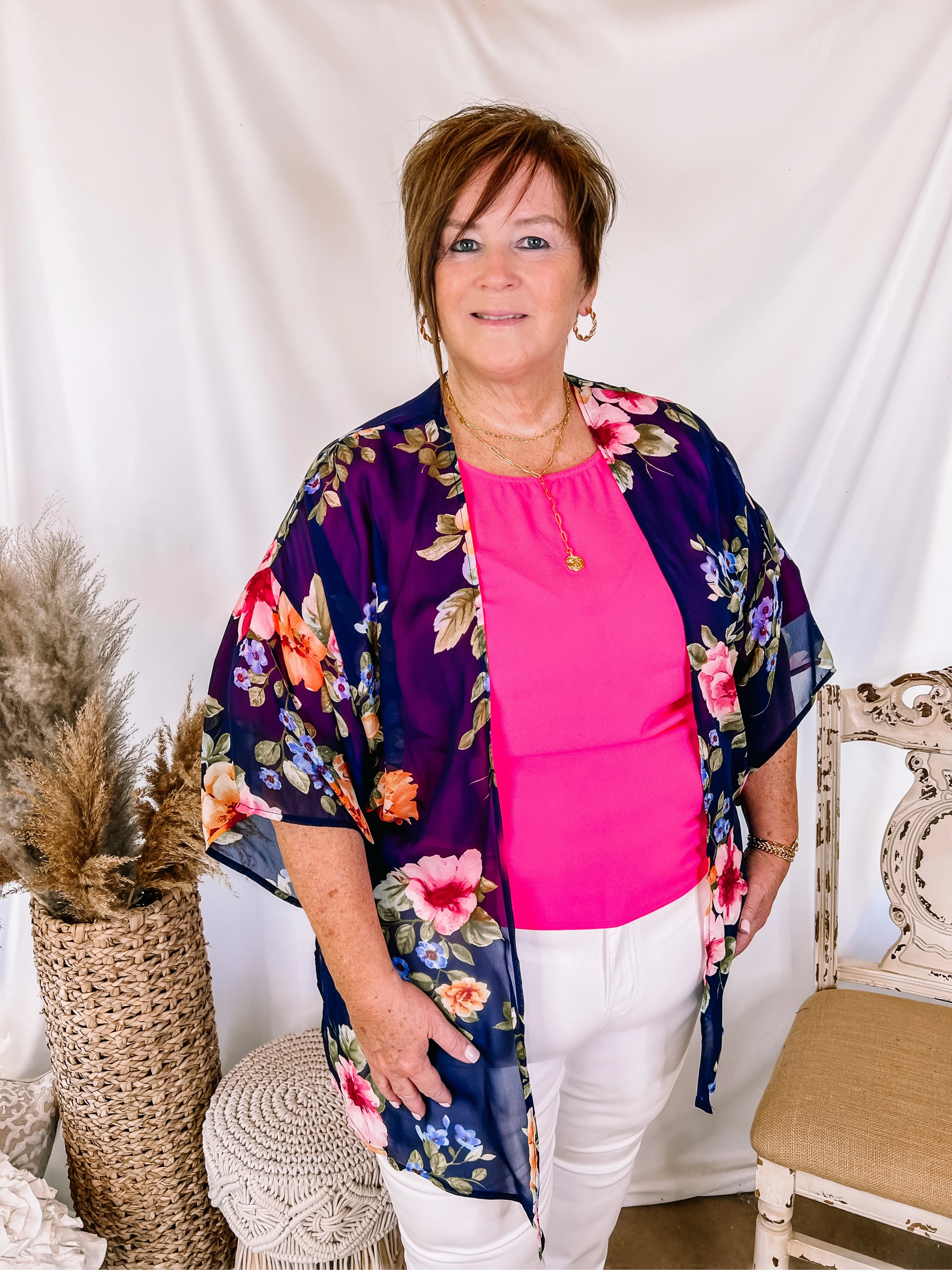 Forever Friends Floral Print Short Sleeve Kimono in Dusty Navy Blue Magic Glow