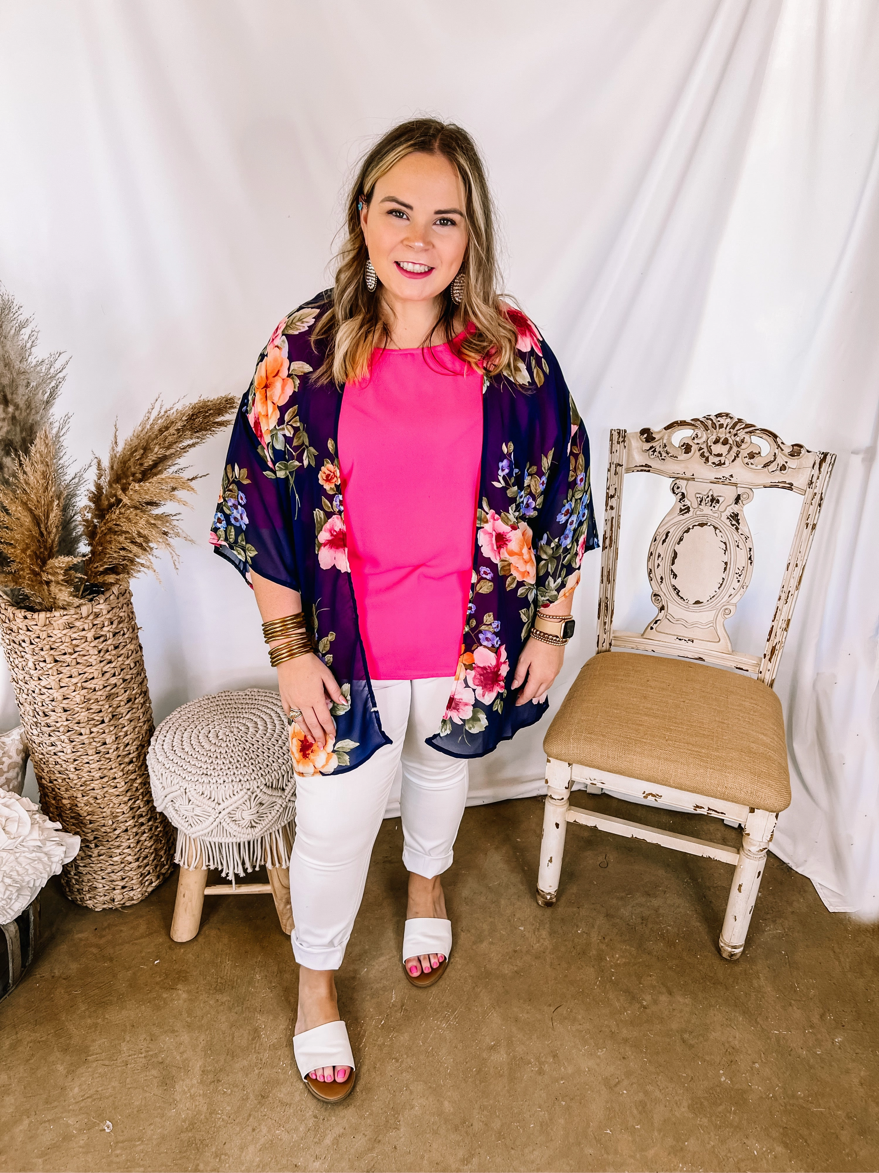 Forever Friends Floral Print Short Sleeve Kimono in Dusty Navy Blue Luxury Touch Rich Tone