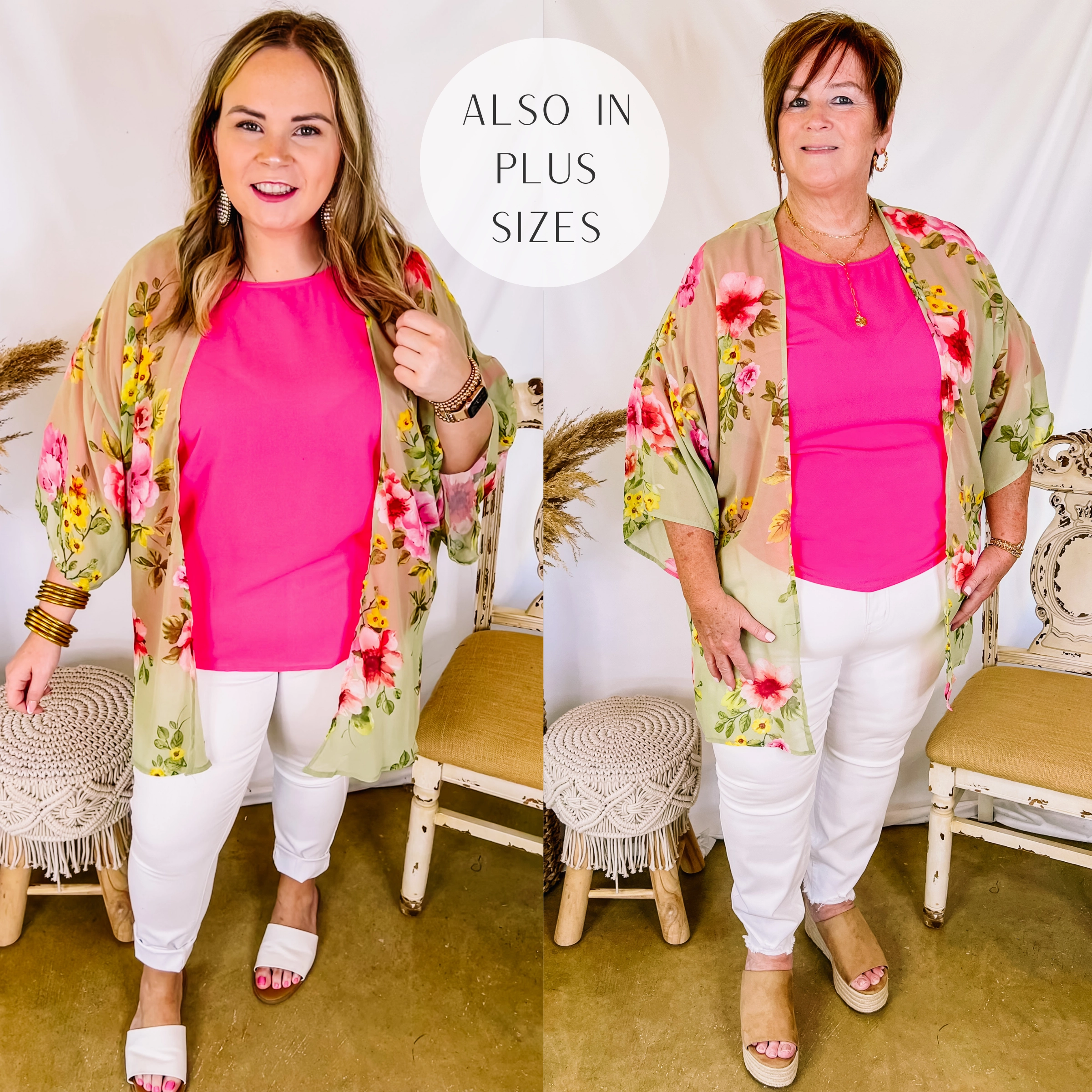 Fire Core Forever Friends Floral Print Short Sleeve Kimono in Dusty Sage Green