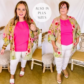 Fire Core Forever Friends Floral Print Short Sleeve Kimono in Dusty Sage Green