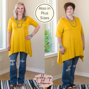 Stretchable Fabric LightweightMaterial Whenever This Happens Solid Handkerchief Tunic Top in Mustard Yellow