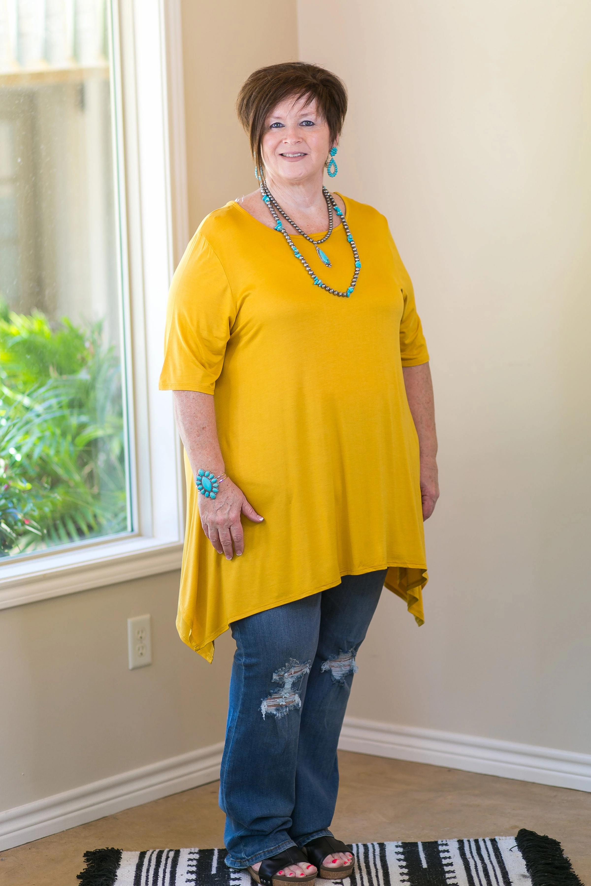 Whenever This Happens Solid Handkerchief Tunic Top in Mustard Yellow SnagResistant Weave QuickDrying