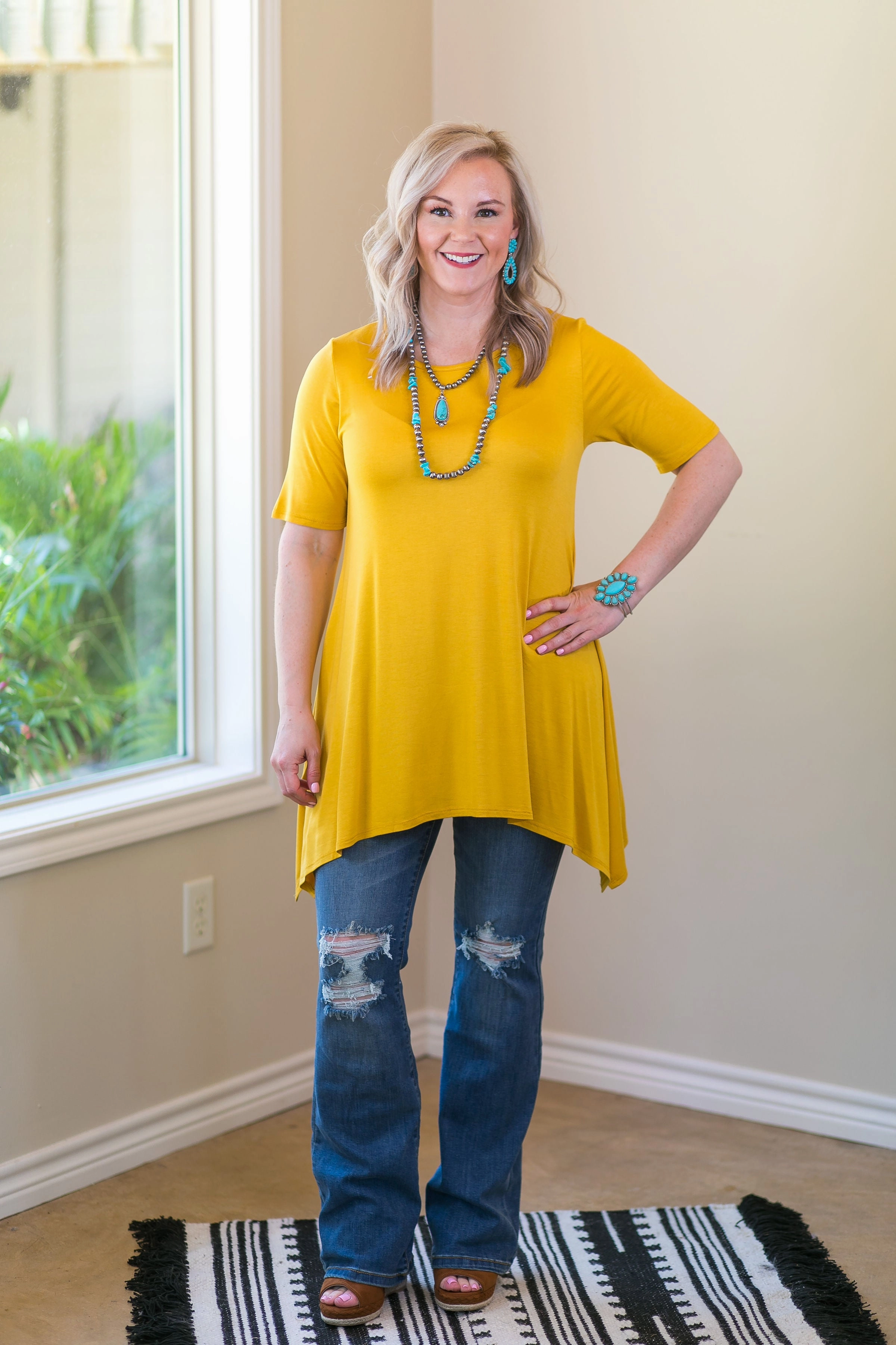 Warm Fashion Cloud Core Whenever This Happens Solid Handkerchief Tunic Top in Mustard Yellow