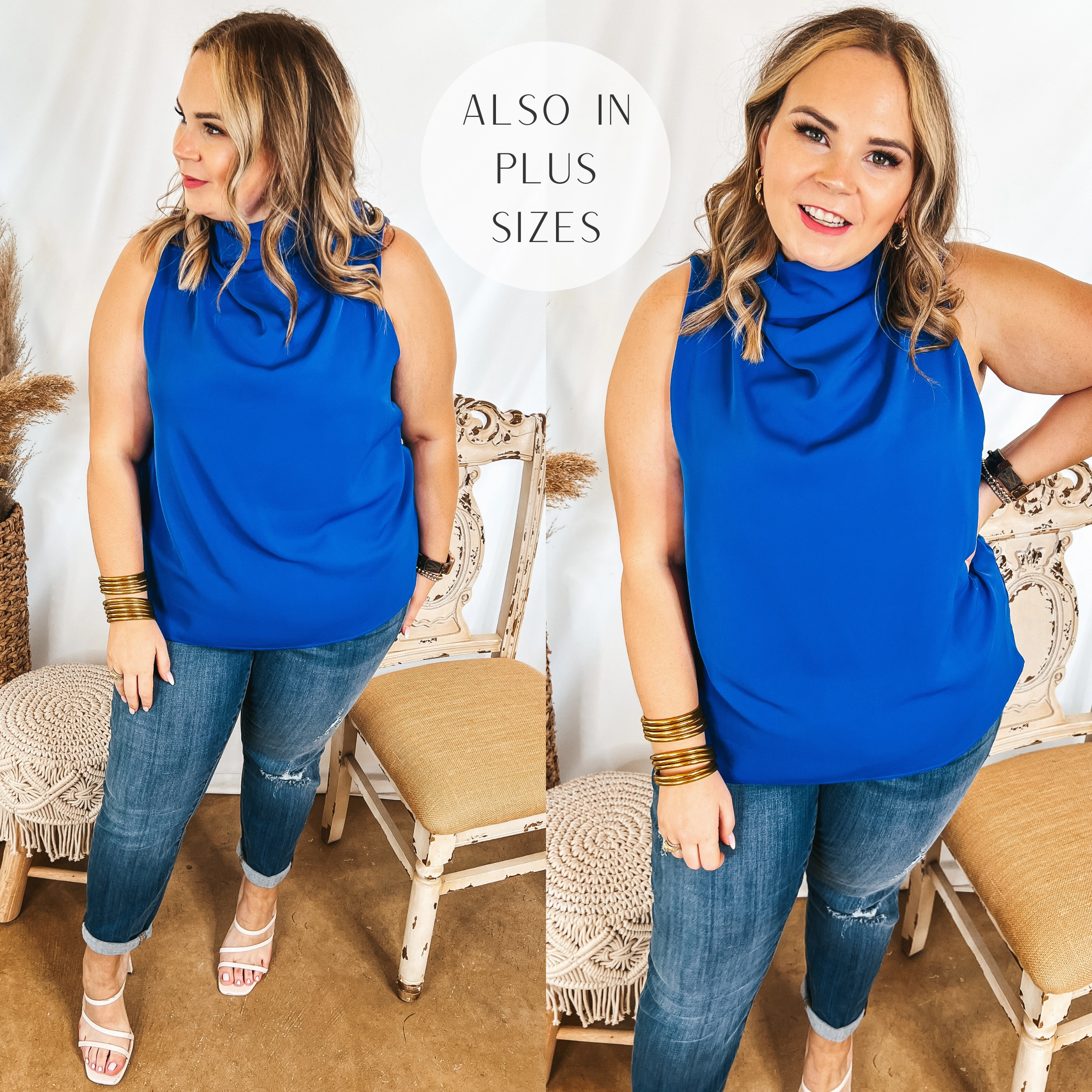 LowMaintenance Warm Hoodie Hot Spot High Cowl Neck Tank Top in Royal Blue