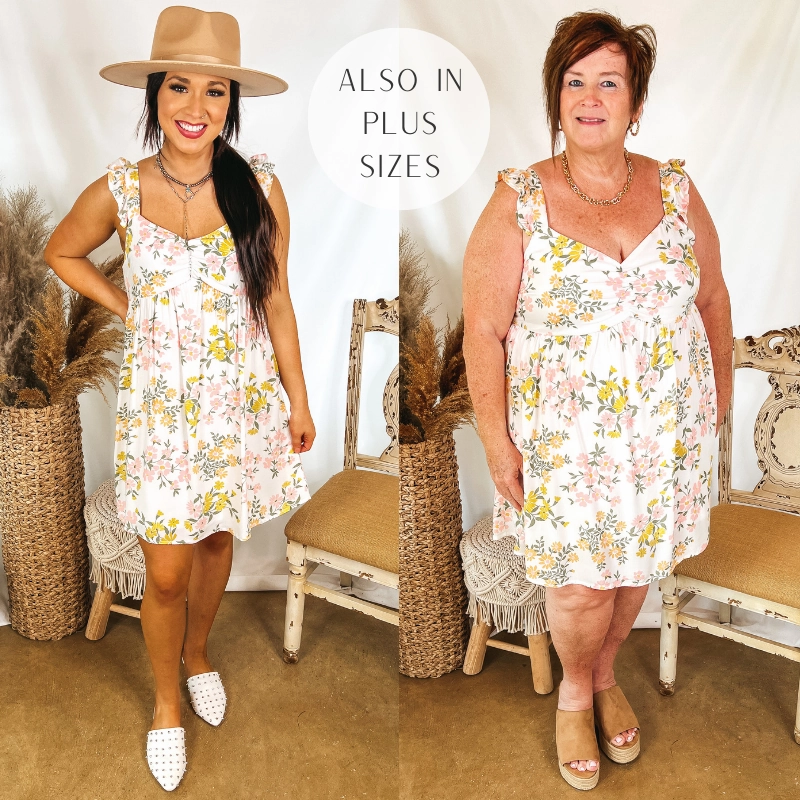 Love Out Loud Floral Tank Top Dress with Ruffle Straps in White Smooth Edge Binding Lightweight Layering