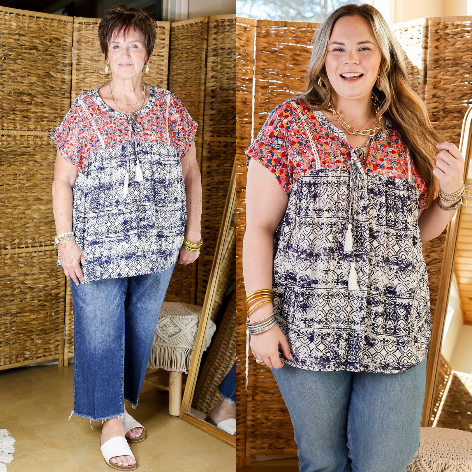 MultiPurposeUtility SeamFree Knitting Fredericksburg In the Spring Embroidered Top with Front Keyhole in Ivory and Navy