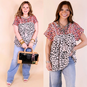 Comfort Cushion Neckline AllDay Comfort Design Fredericksburg In the Spring Leopard Print Embroidered Top with Front Keyhole in Blush Pink