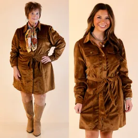 Casual Trend Stylish Jumper Free And Flirty Suede Button Up Dress with Waist Tie in Camel Brown