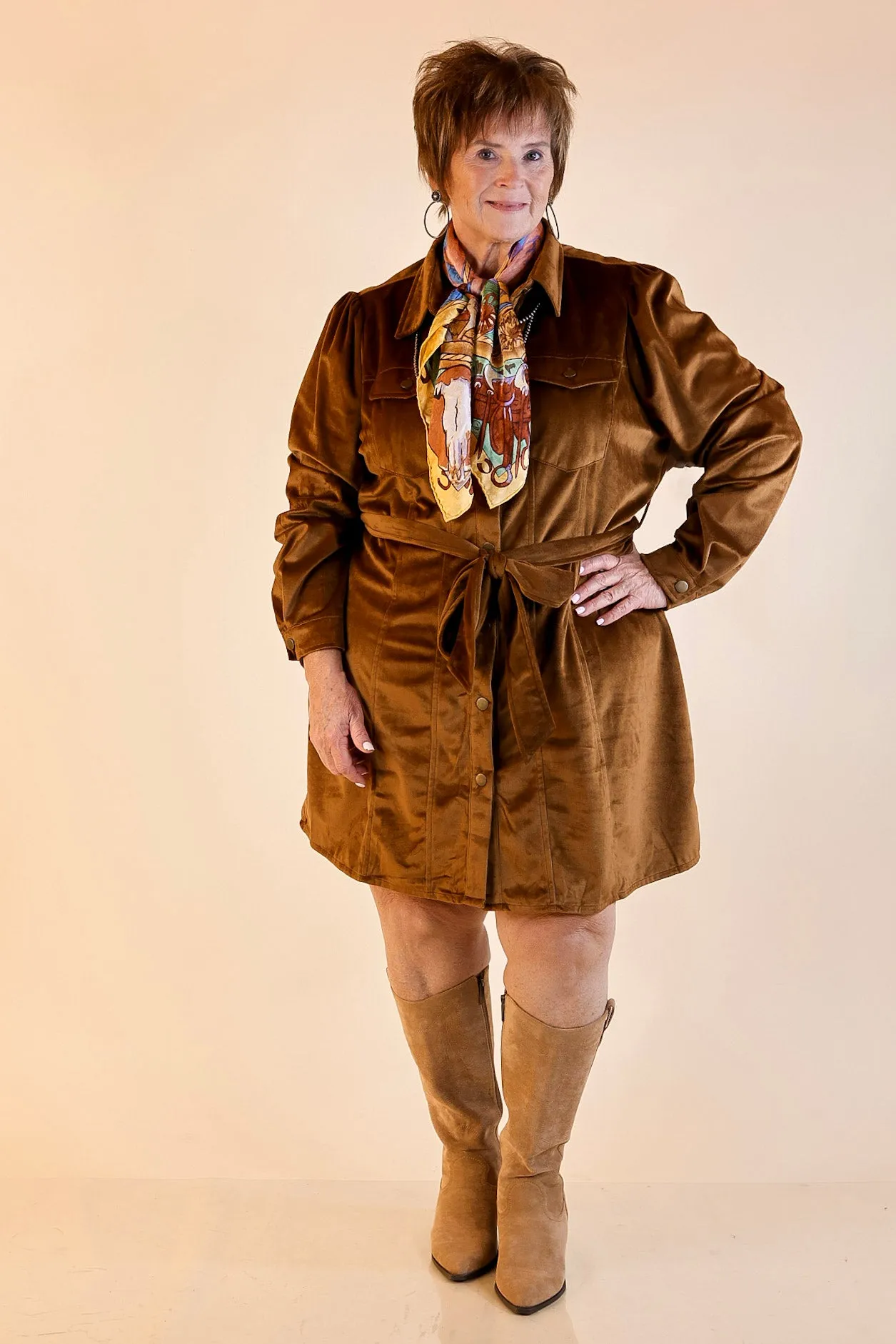 Free And Flirty Suede Button Up Dress with Waist Tie in Camel Brown Vision Fit