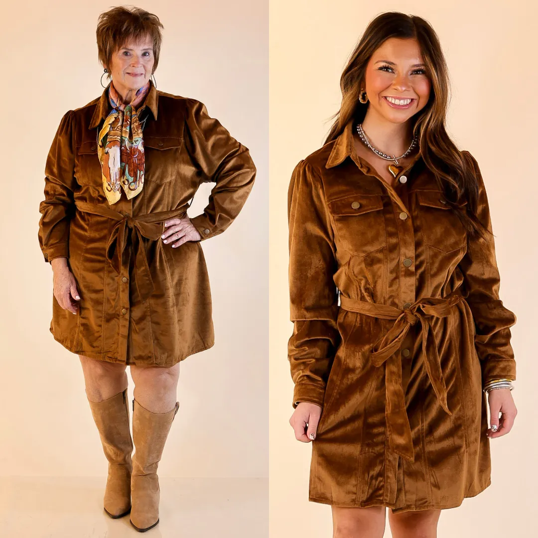 Casual Trend Stylish Jumper Free And Flirty Suede Button Up Dress with Waist Tie in Camel Brown