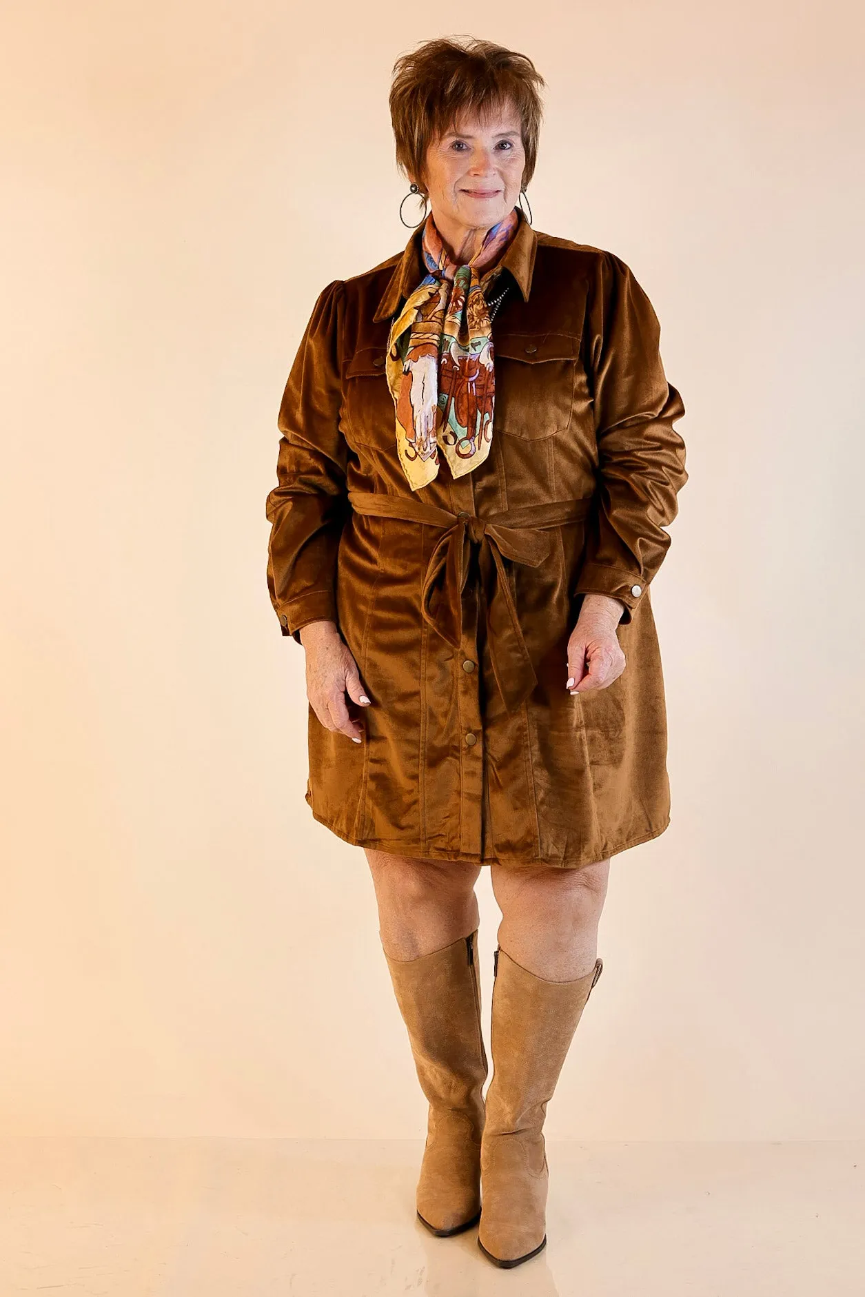MoistureWickingMaterial DoubleStitched Free And Flirty Suede Button Up Dress with Waist Tie in Camel Brown