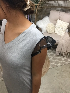 Semi Formal Fall Mood Grey V Neck Maxi Dress With Sheer Black and Silver Star Detail | ONLY 1 LEFT!