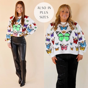Queen Of Sparkles | Fluttering Dreams Multi-Colored Sequin Butterfly Long Sleeve Sweatshirt in White SheerLayeredPanels AirflowOptimized