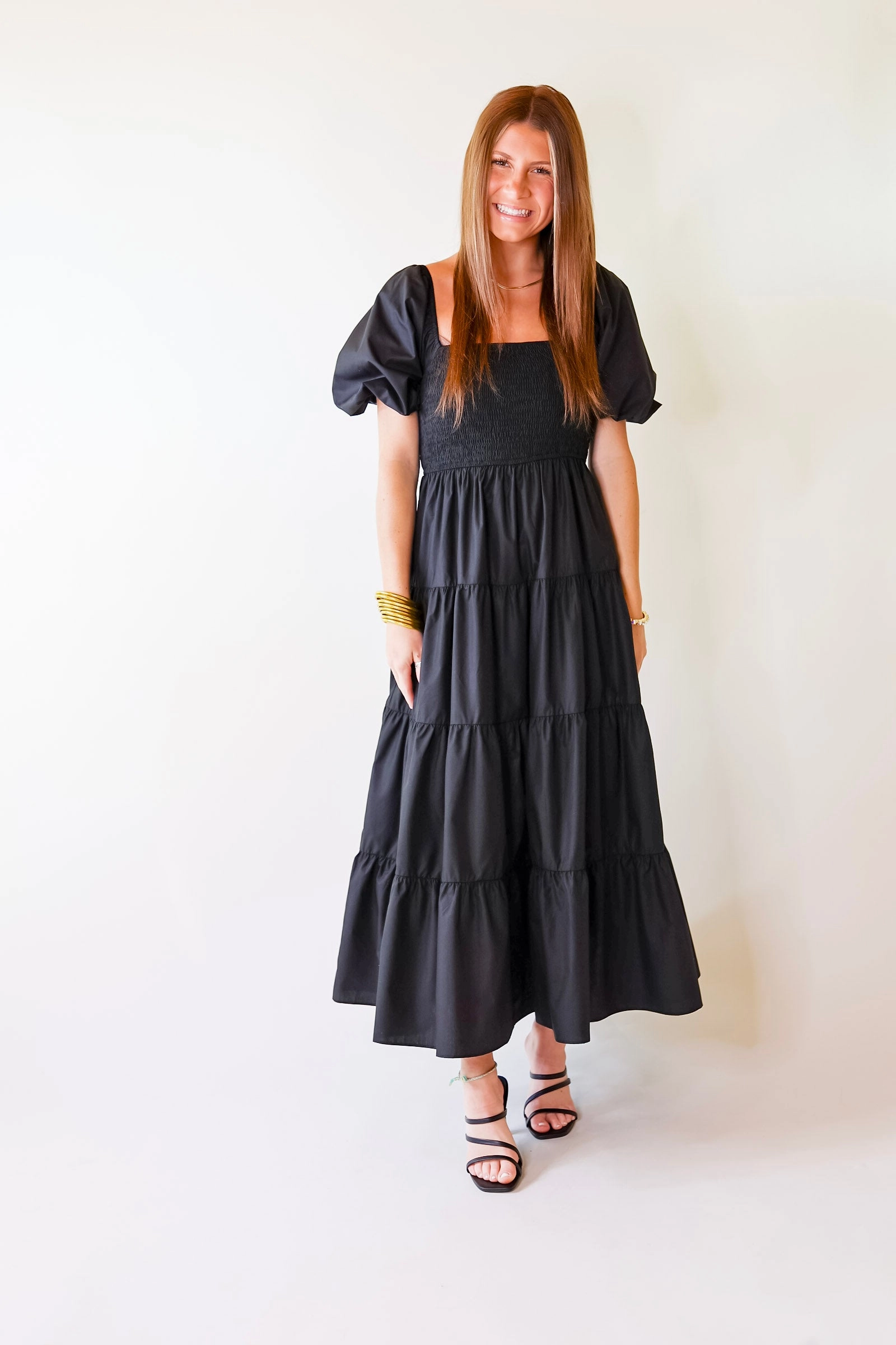 Santorini Sunshine Short Balloon Sleeve Maxi Dress in Black Light Flow ErgonomicCut