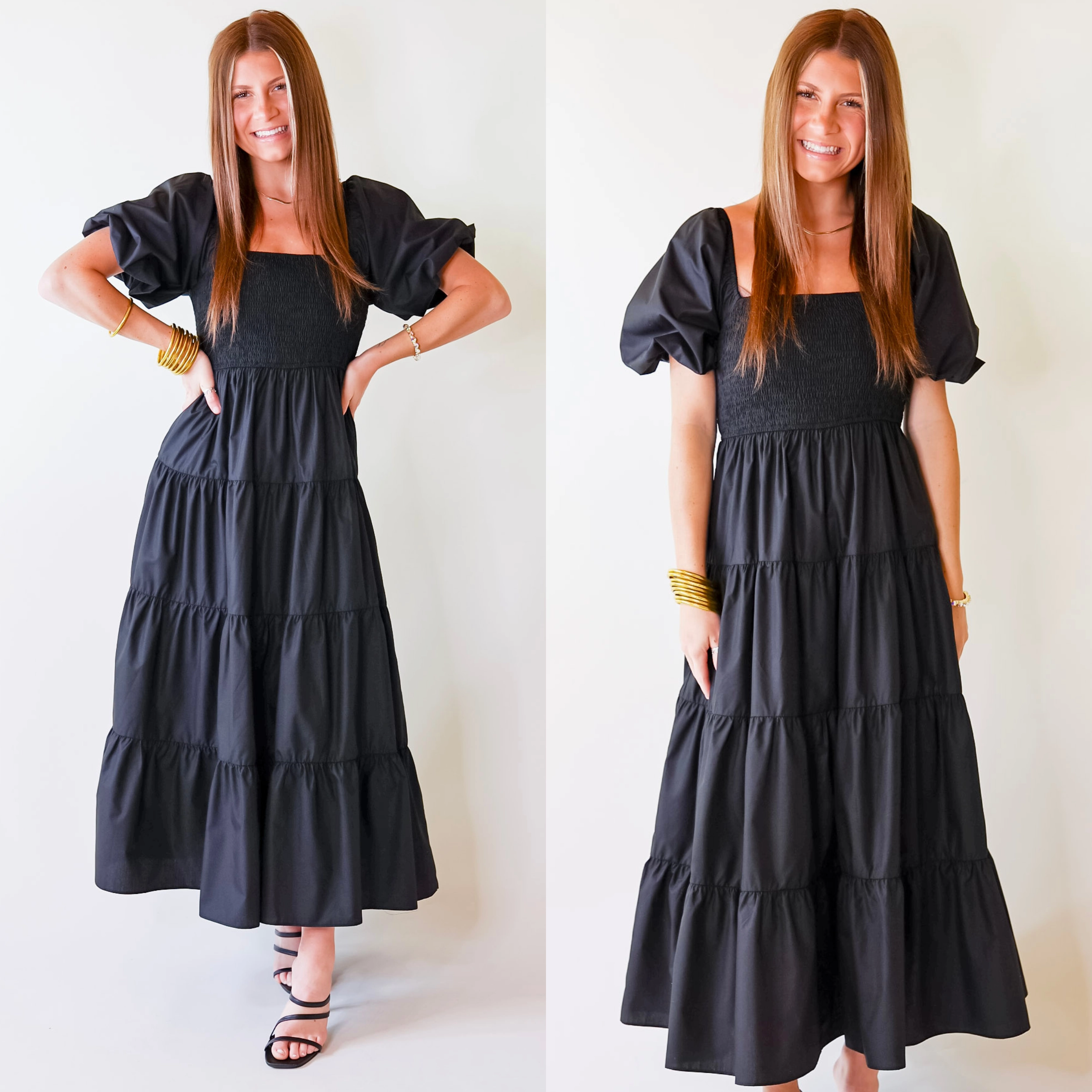 Effortless Waist Design Outdoor Scene Santorini Sunshine Short Balloon Sleeve Maxi Dress in Black