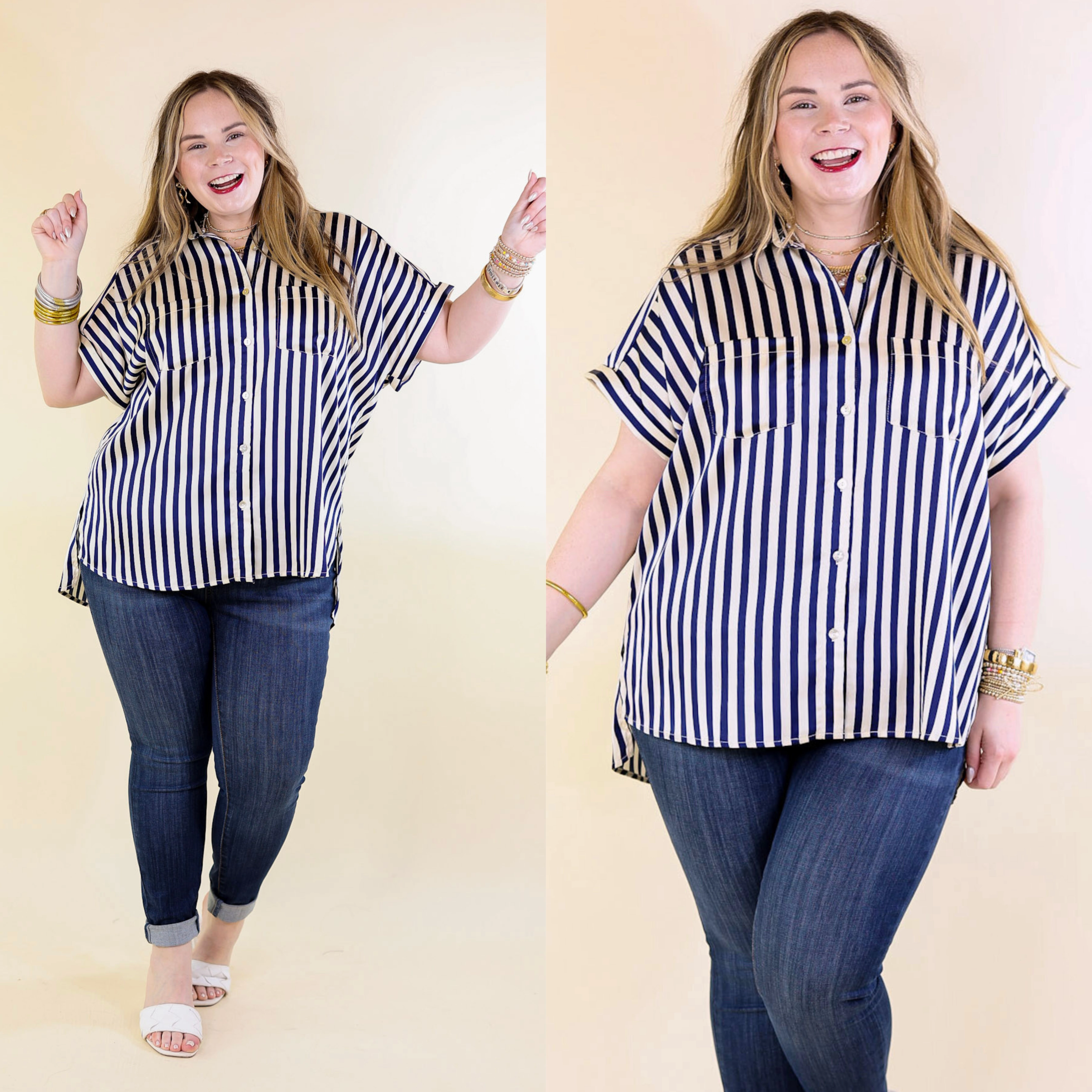 Free To Be Fab Button Up Short Sleeve Striped Top in Navy Blue Athleisure Trend