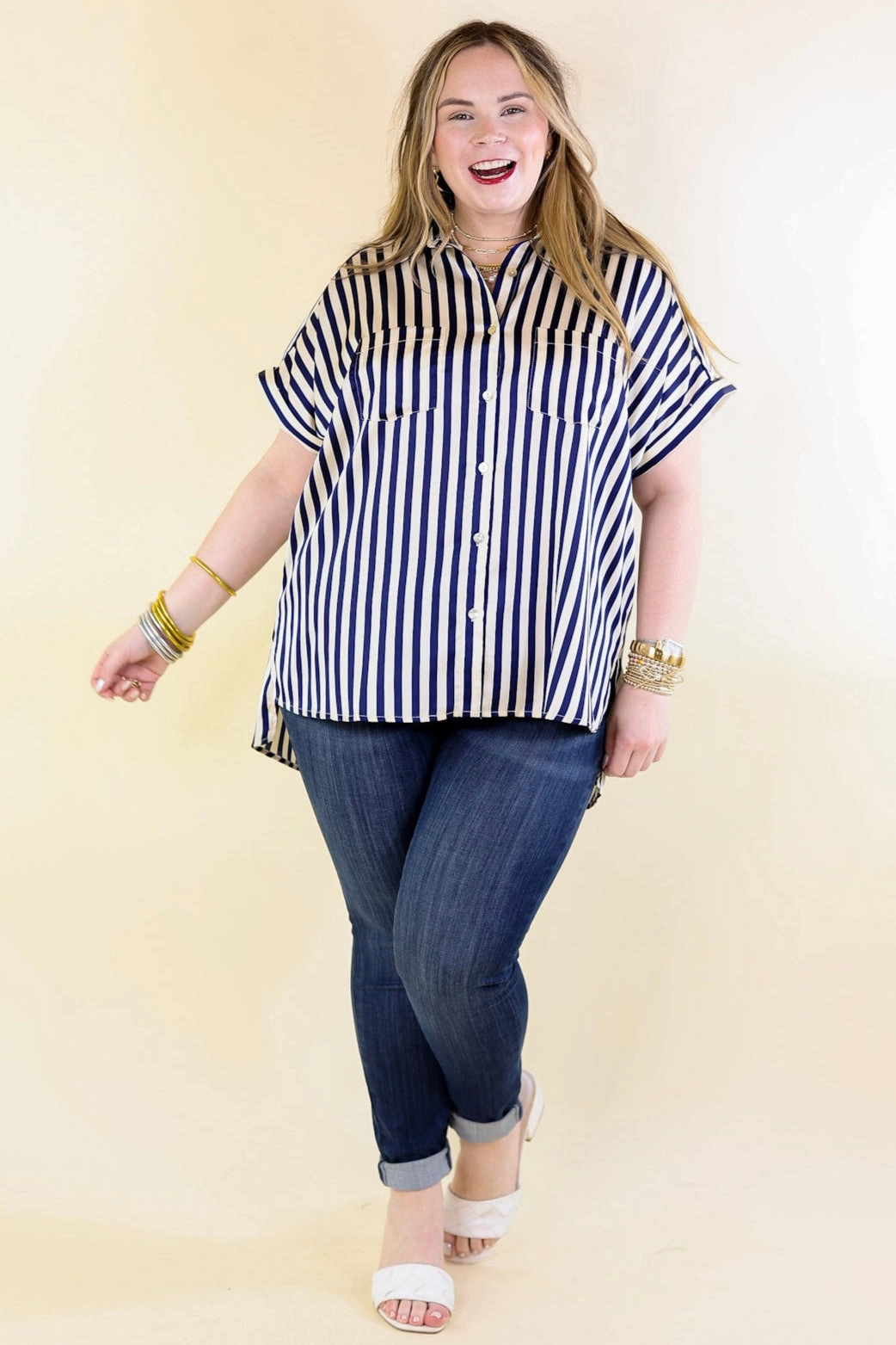 All Purpose Weave Design Tagless Design Free To Be Fab Button Up Short Sleeve Striped Top in Navy Blue