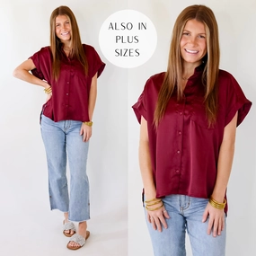 Thick Glow Free To Be Fab Button Up Short Sleeve Top in  Maroon