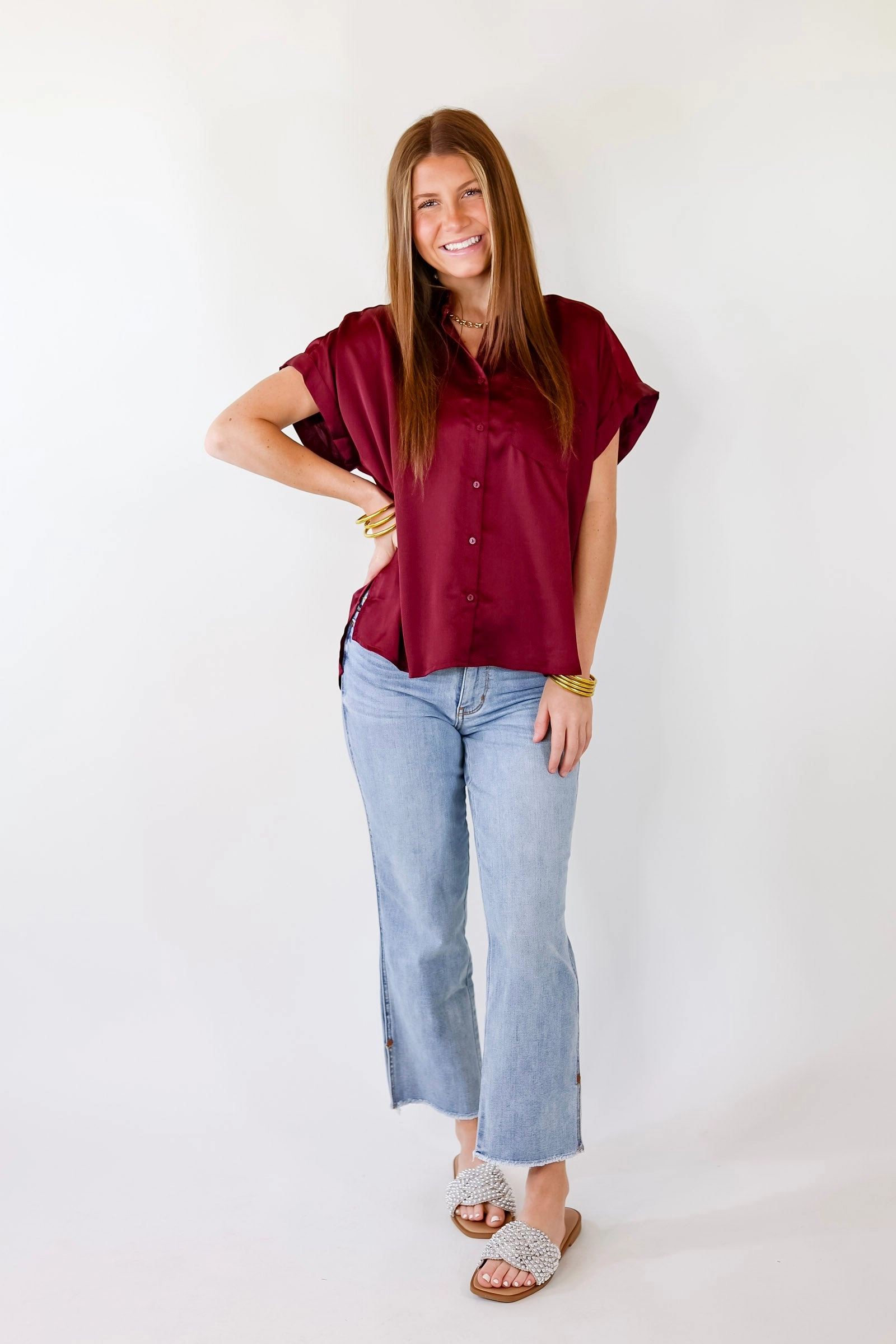 Free To Be Fab Button Up Short Sleeve Top in  Maroon Rich Tone