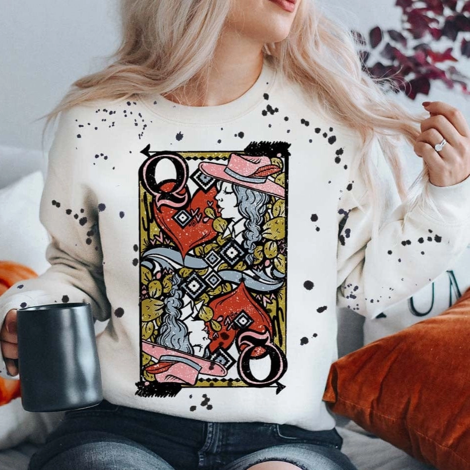 Online Exclusive | Queen of Hearts Splatter Paint Long Sleeve Graphic Sweatshirt in White Chilly Layer