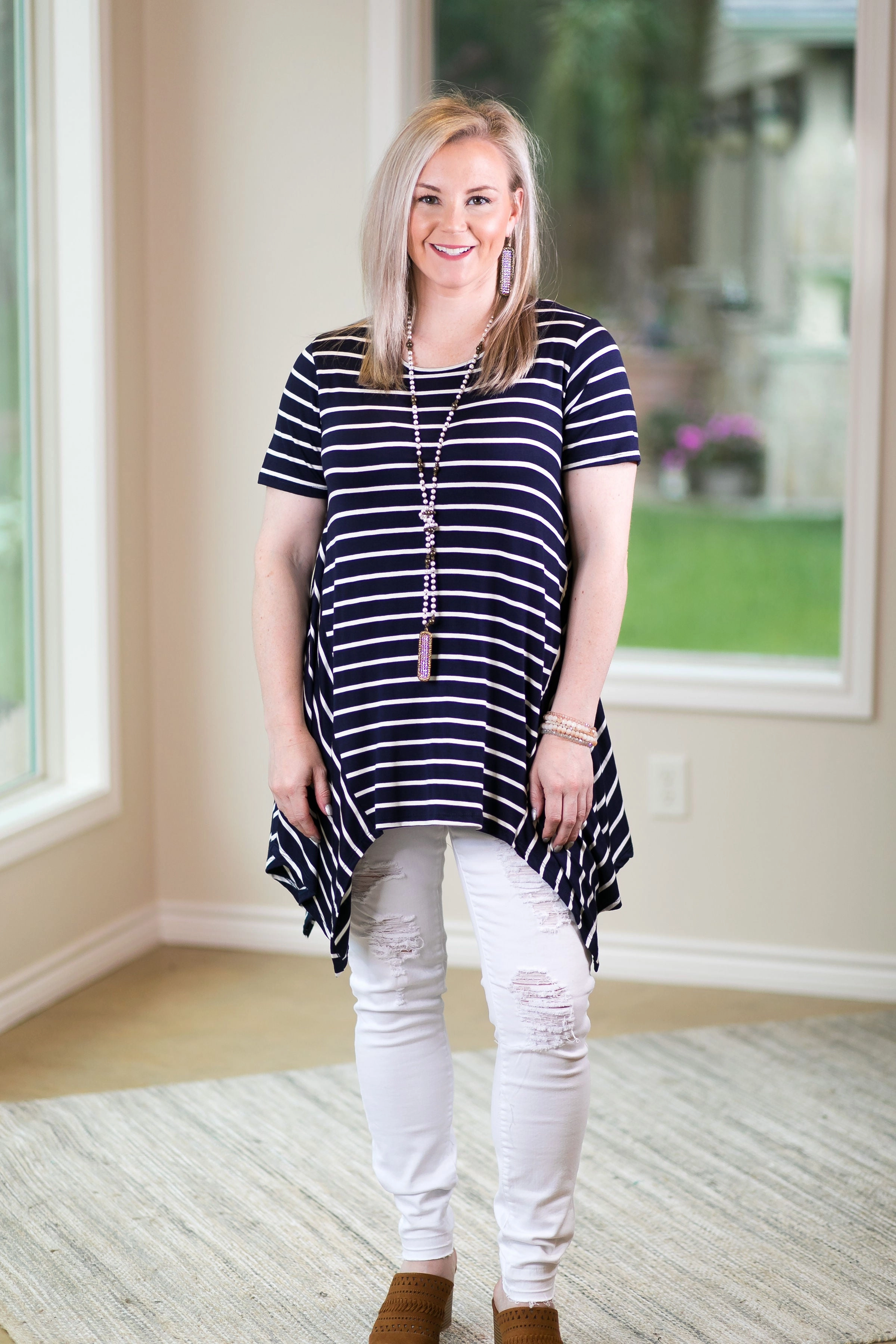 Simplified Style Striped Handkerchief Tunic Top in Navy AbrasionResistant Fabric Creative Glow
