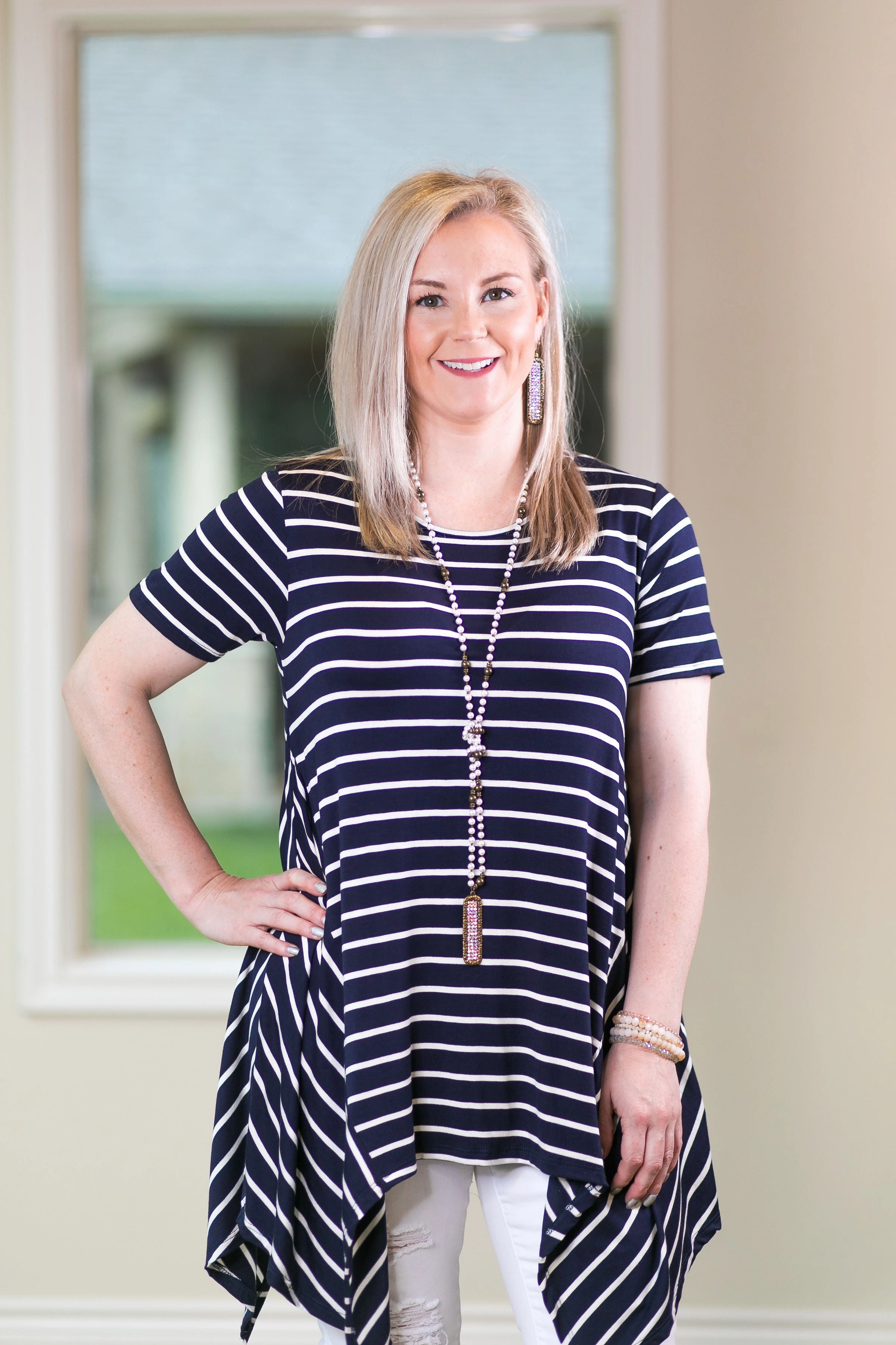 Warm Outerwear Comfort Wear Simplified Style Striped Handkerchief Tunic Top in Navy