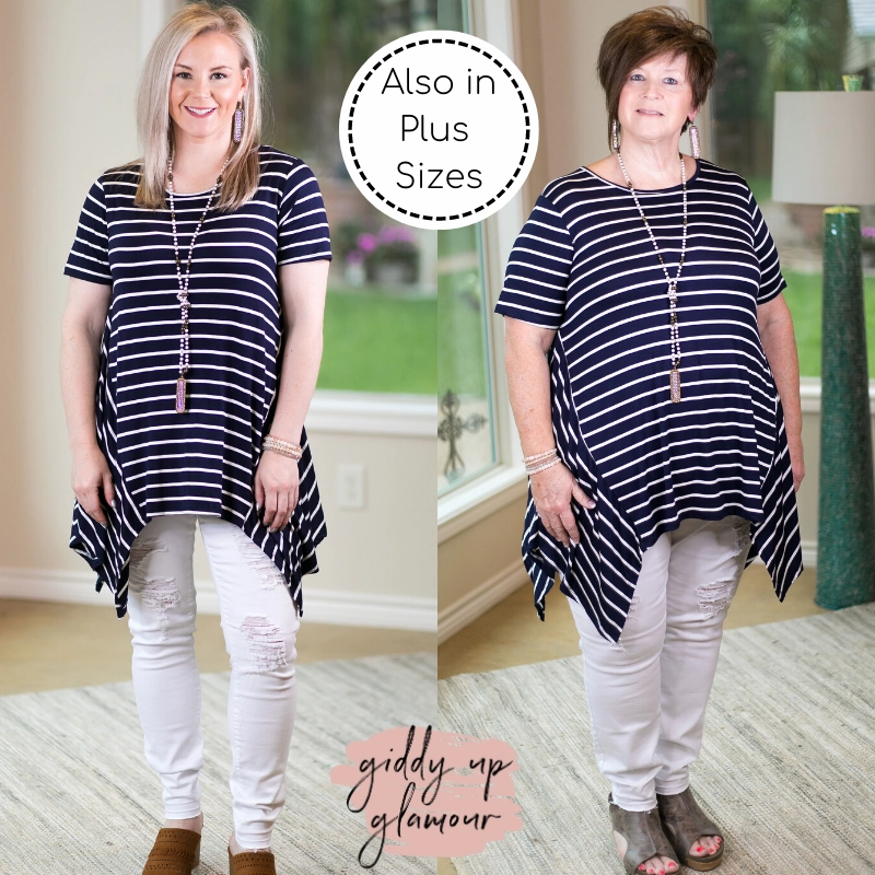 Street Fest High End Simplified Style Striped Handkerchief Tunic Top in Navy