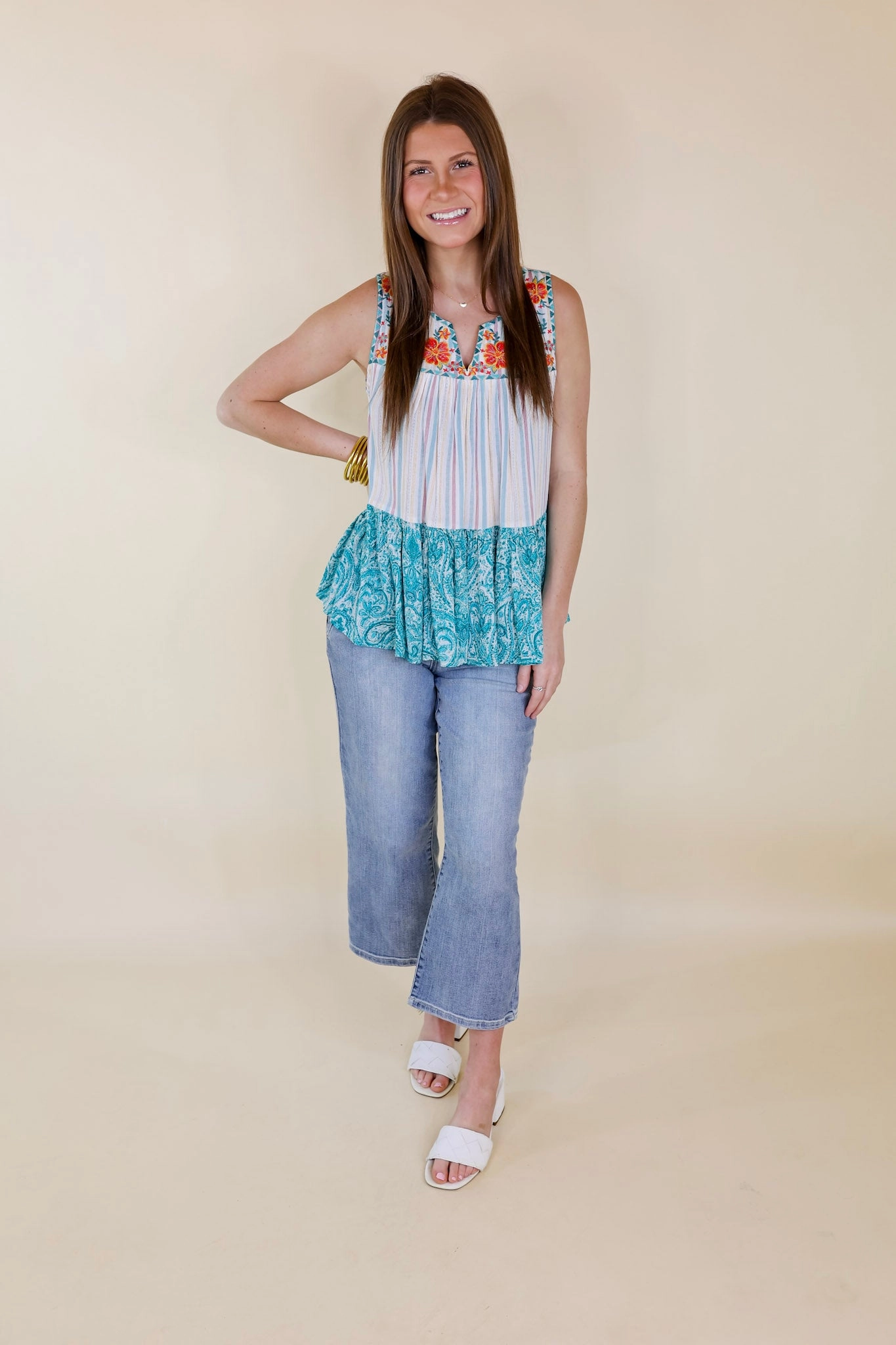 Coastal Caravan Print Block Tank Top with Floral Embroidery in Turquoise Mix Soft Motion
