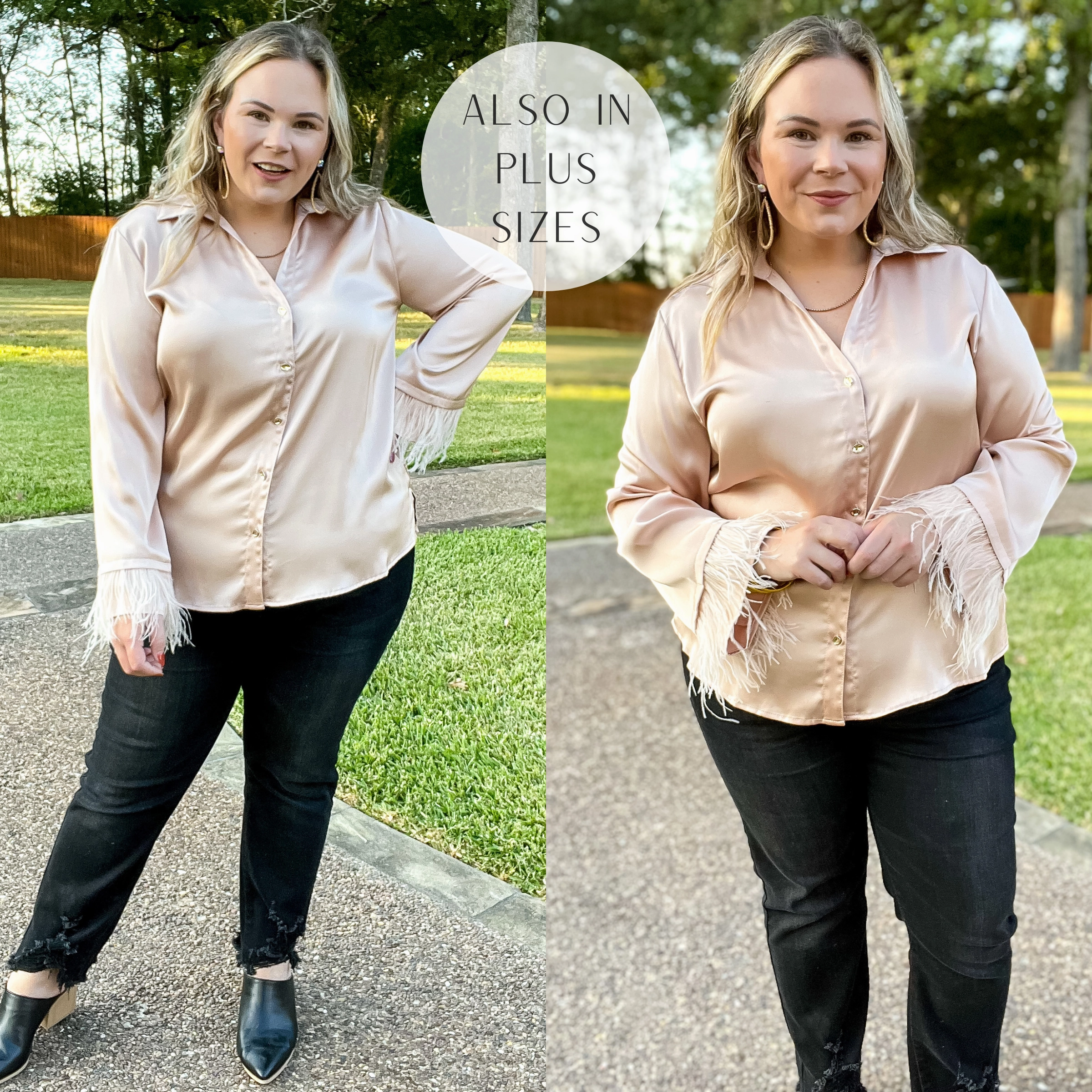 Take a Chance Satin Button Up Top with Feather Trim Long Sleeves in Champagne EcoFriendly Textiles