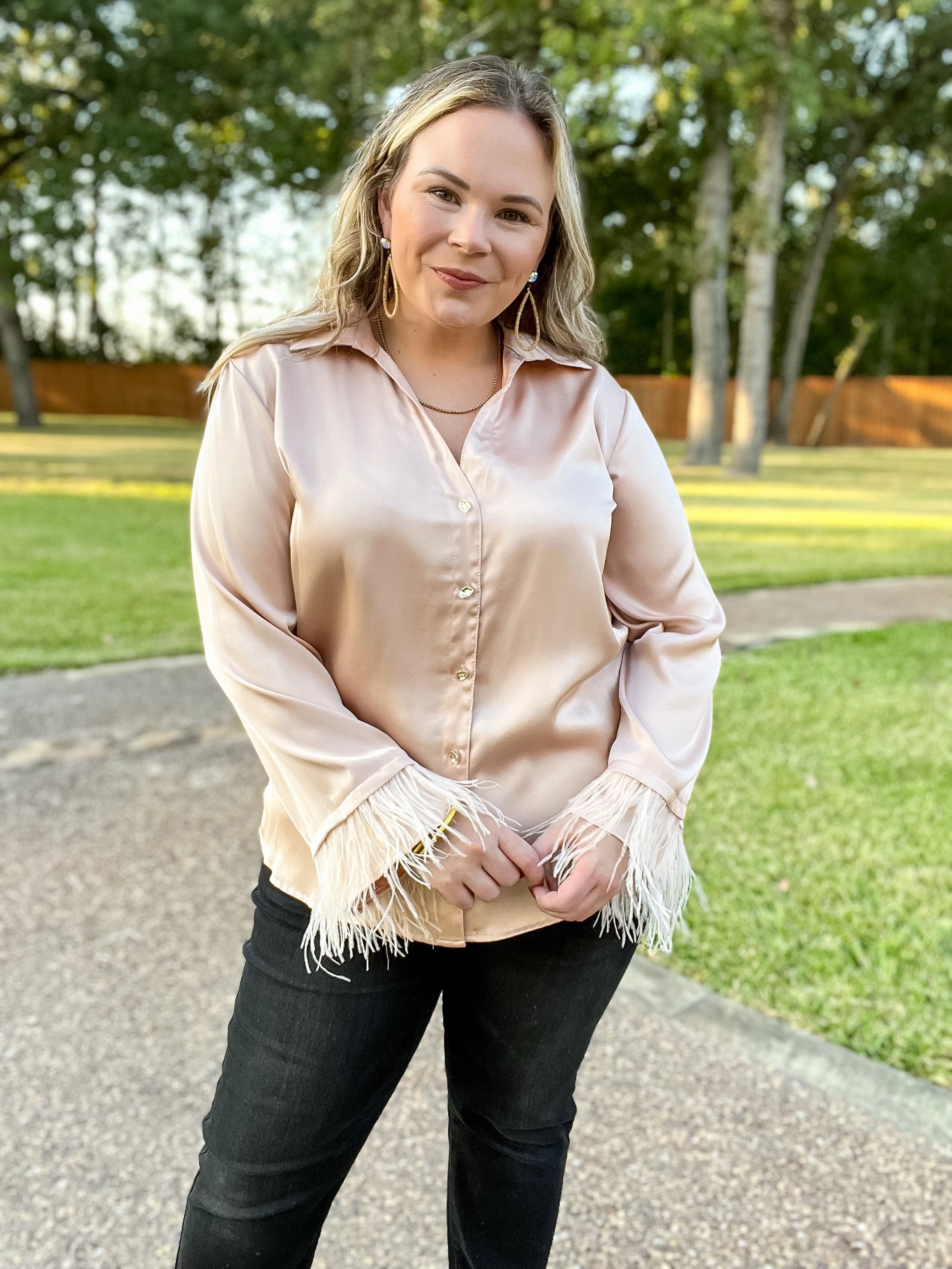 Take a Chance Satin Button Up Top with Feather Trim Long Sleeves in Champagne Rain Proof Royal Mode