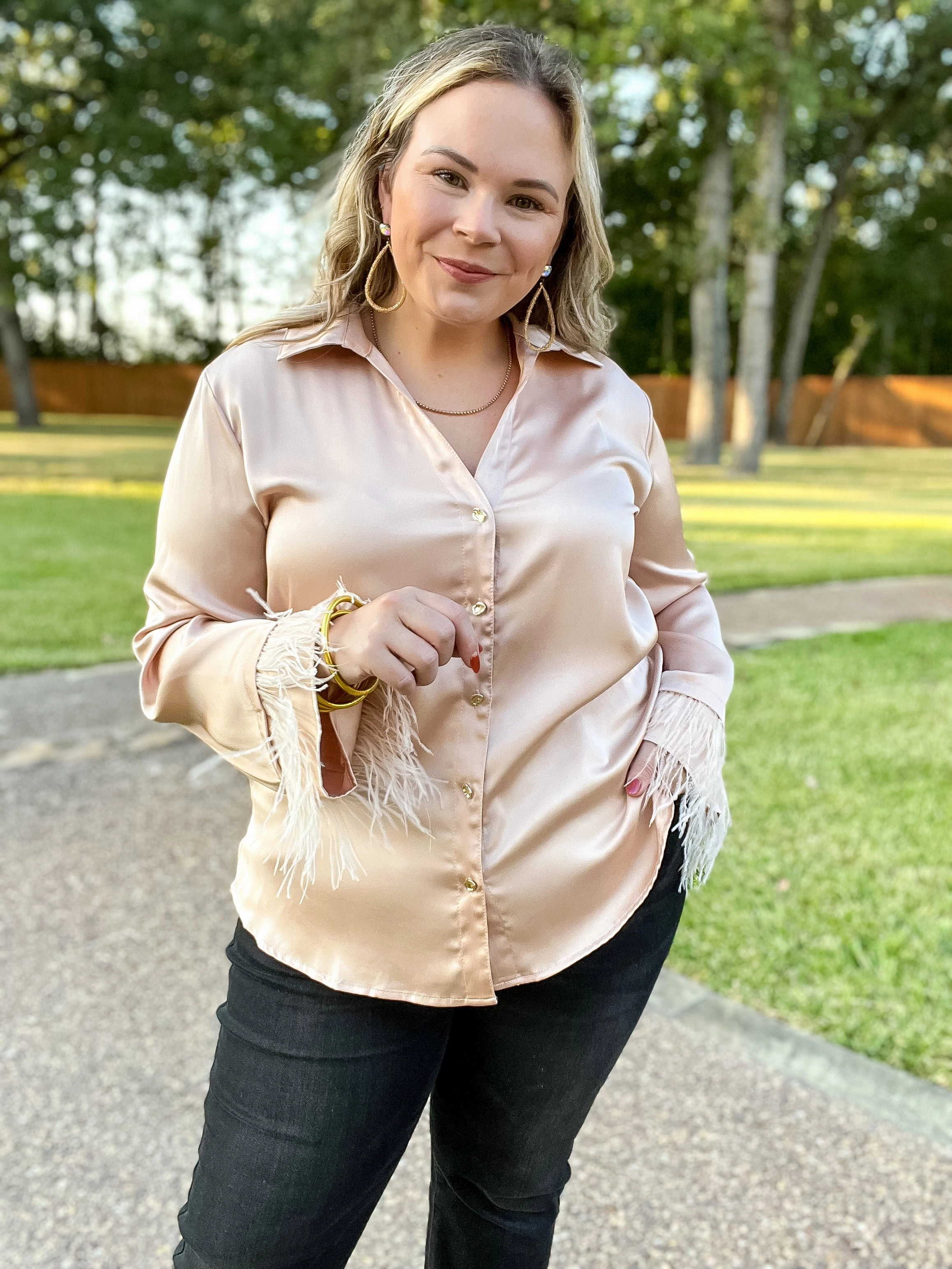 Campus Vibe Take a Chance Satin Button Up Top with Feather Trim Long Sleeves in Champagne