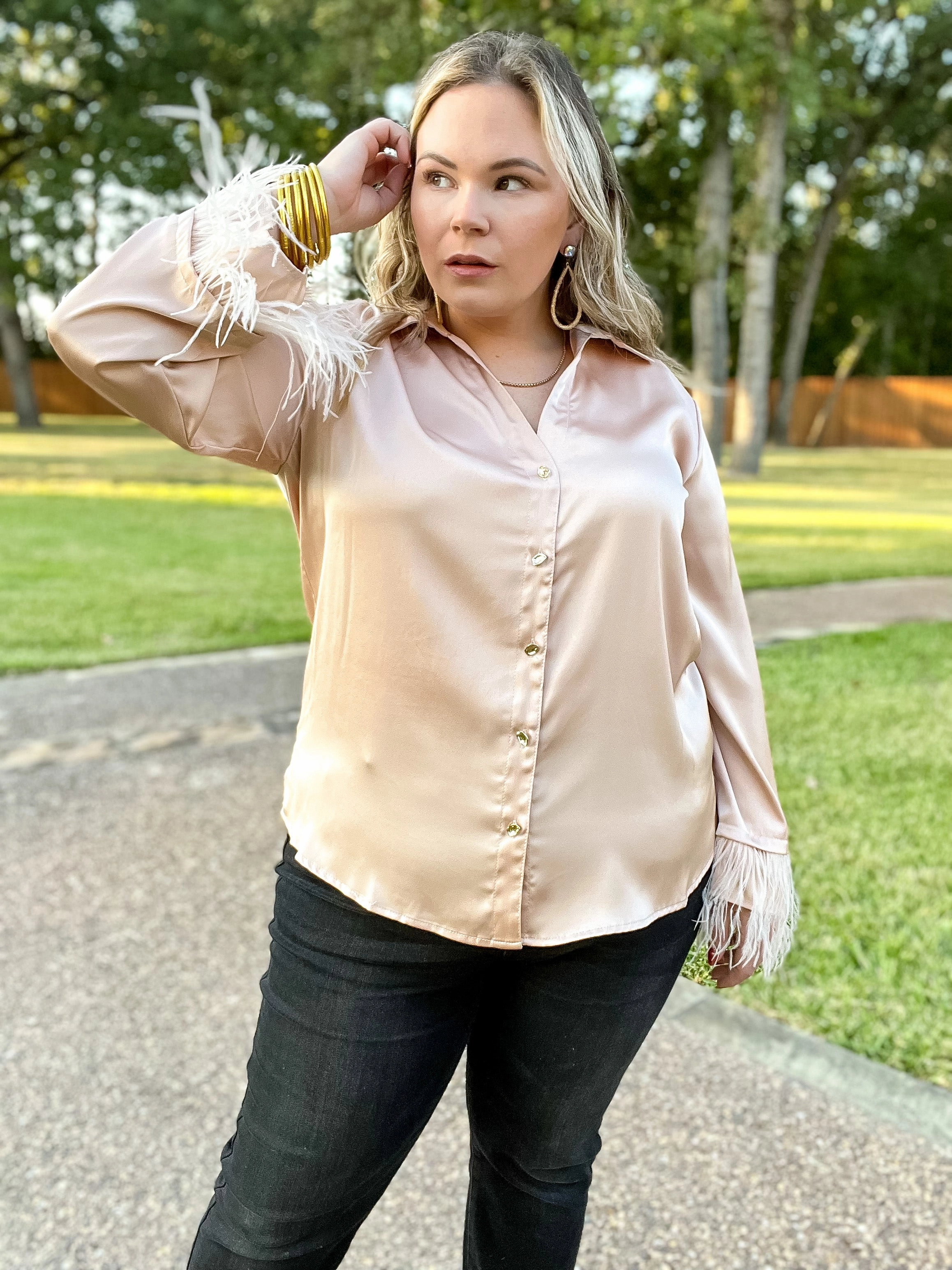 Spark Mood Take a Chance Satin Button Up Top with Feather Trim Long Sleeves in Champagne