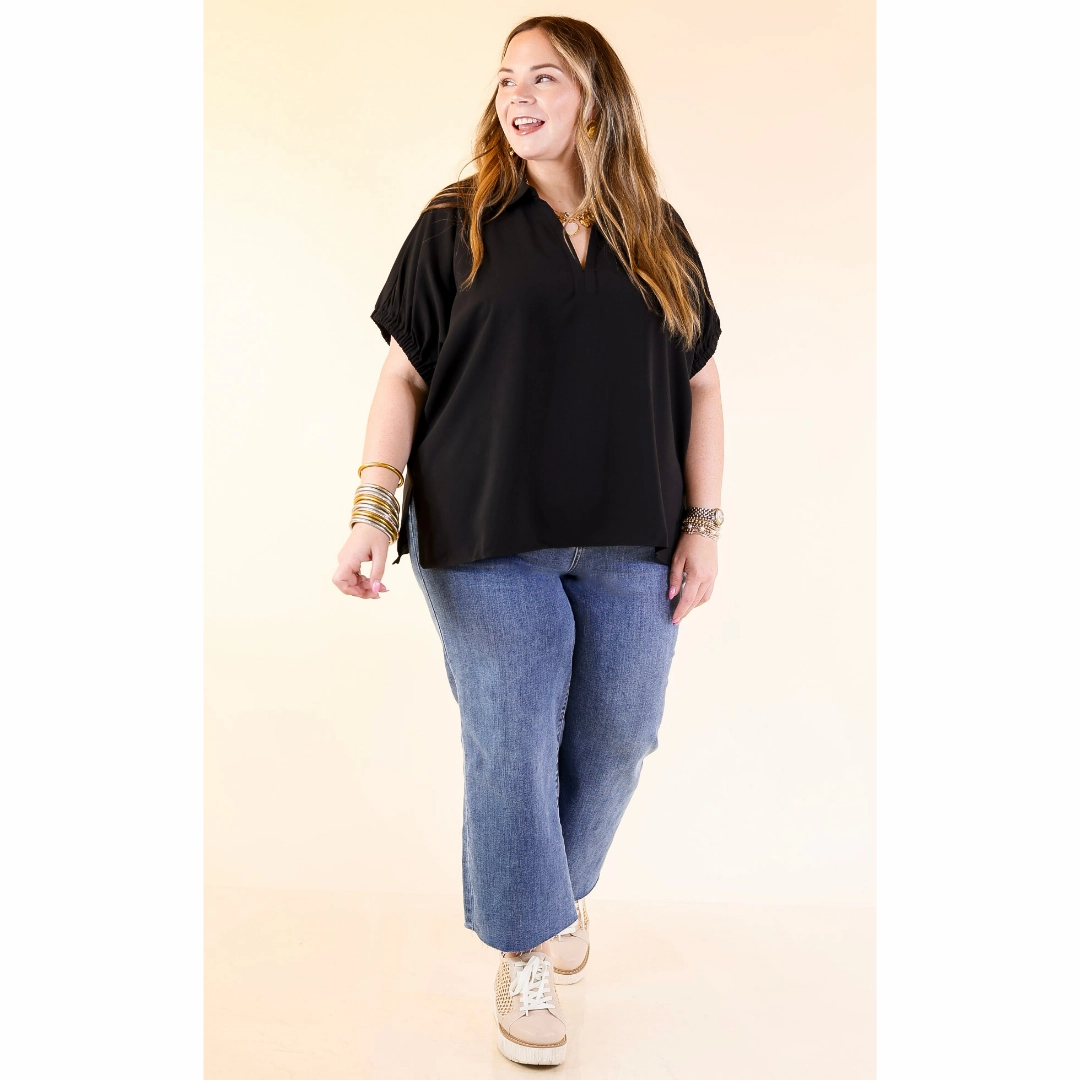 Fresh Start Collared V-Neck Blouse With Drop Shoulder in Black Sweat-Absorbing