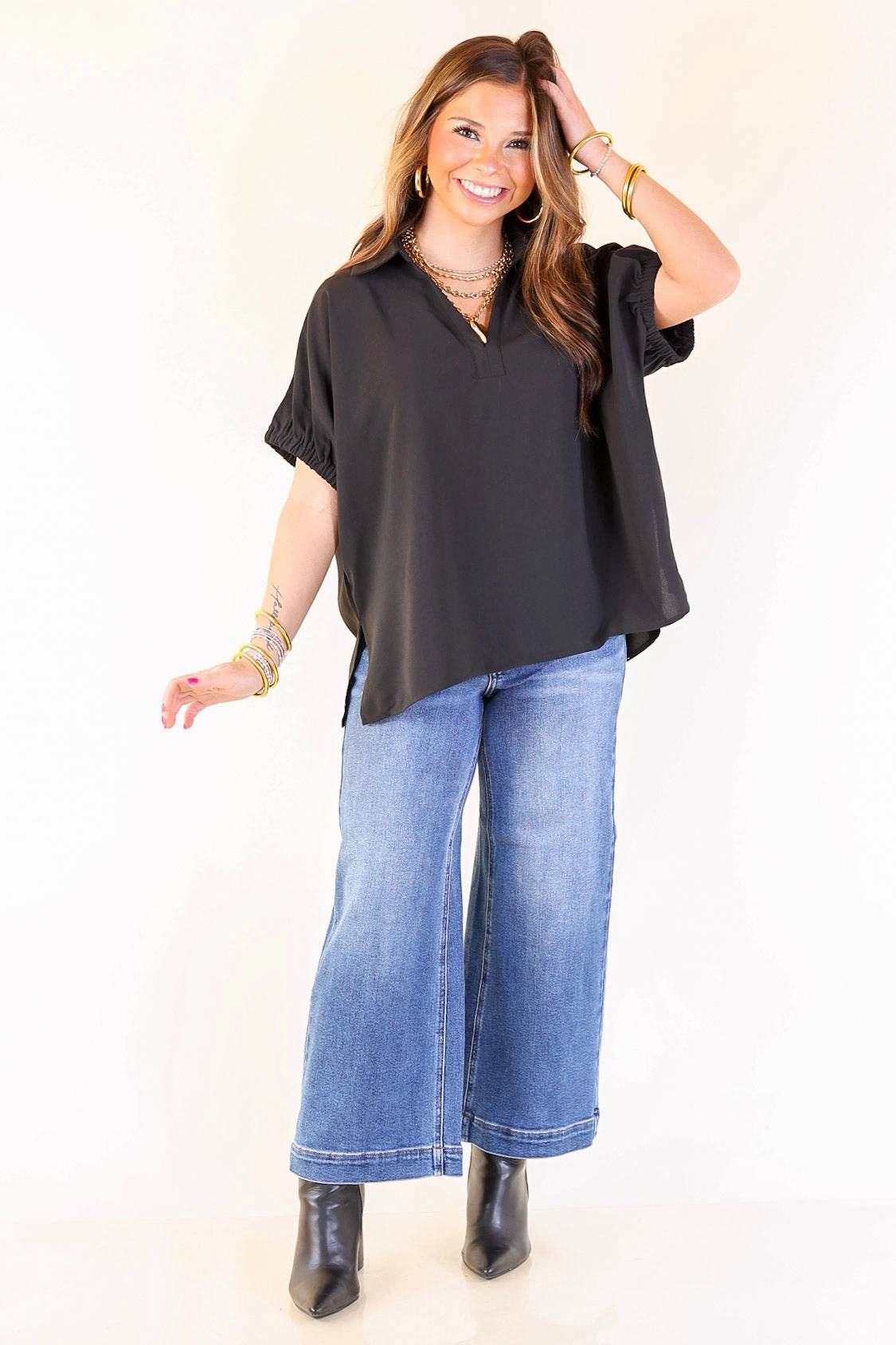 Fresh Start Collared V-Neck Blouse With Drop Shoulder in Black Performance Fabric Summer Vibes