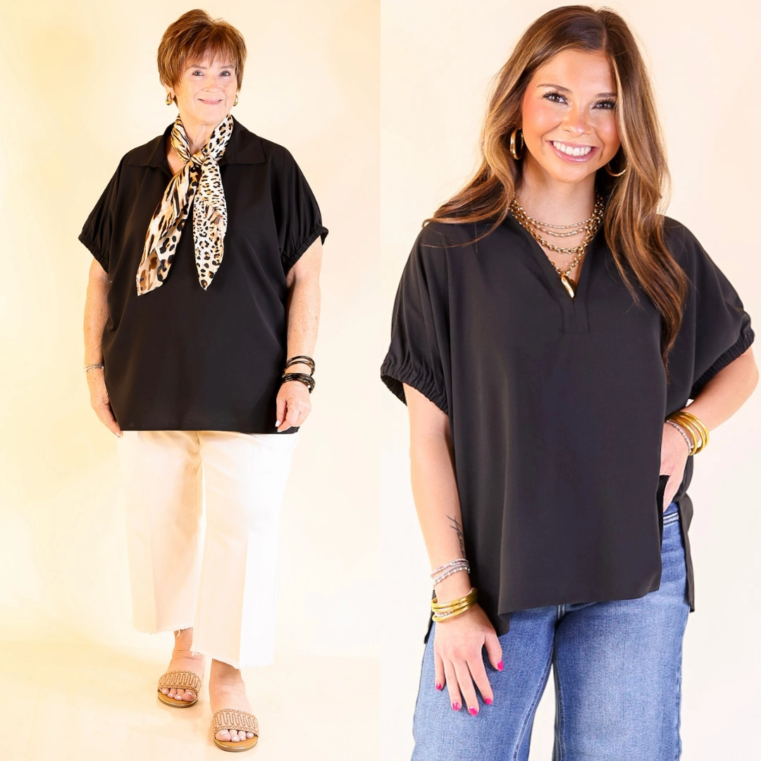 Weekend Outfit Fresh Start Collared V-Neck Blouse With Drop Shoulder in Black