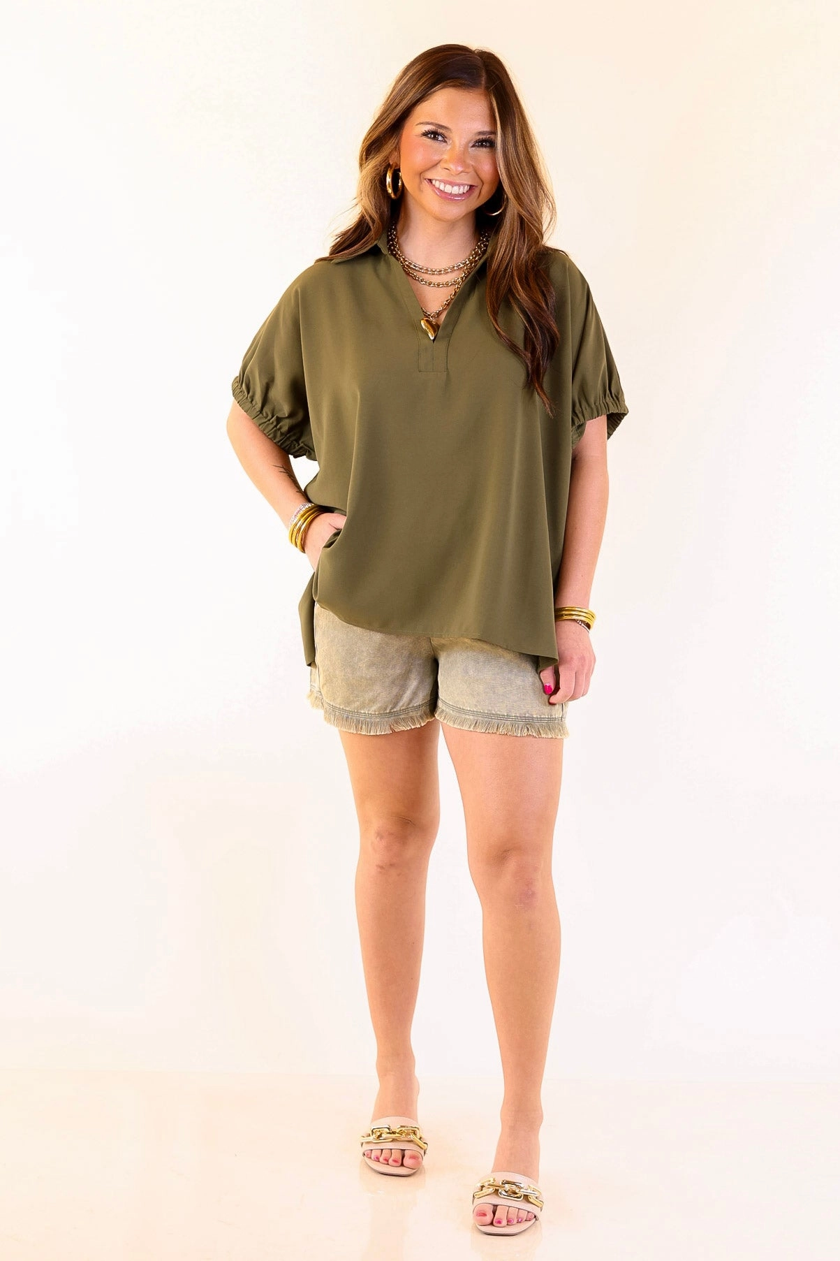 Breathable Underarm Vents Eco-Friendly Fabric Fresh Start Collared V-Neck Blouse With Drop Shoulder in Olive Green