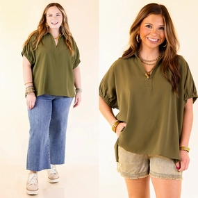 Non Iron Fabric Preppy Vibe Fresh Start Collared V-Neck Blouse With Drop Shoulder in Olive Green