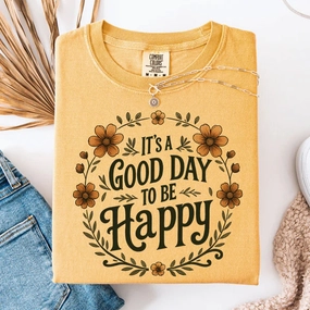 Online Exclusive | It's a Good Day to be Happy Graphic on Short Sleeve Comfort Color Tee in Mustard Yellow Lightweight Layer